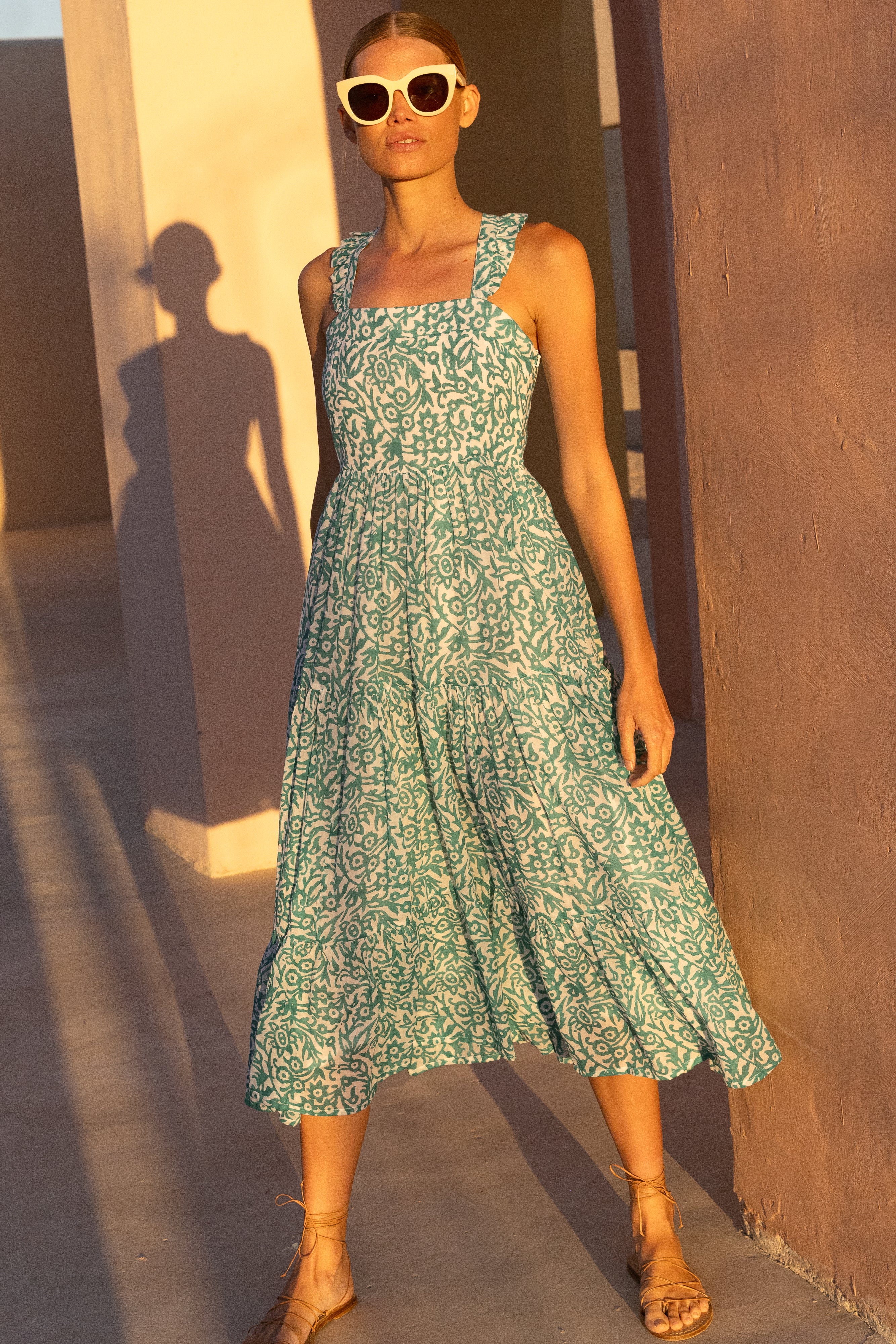 Ruffle Cross Back Midi- Cypress Jade