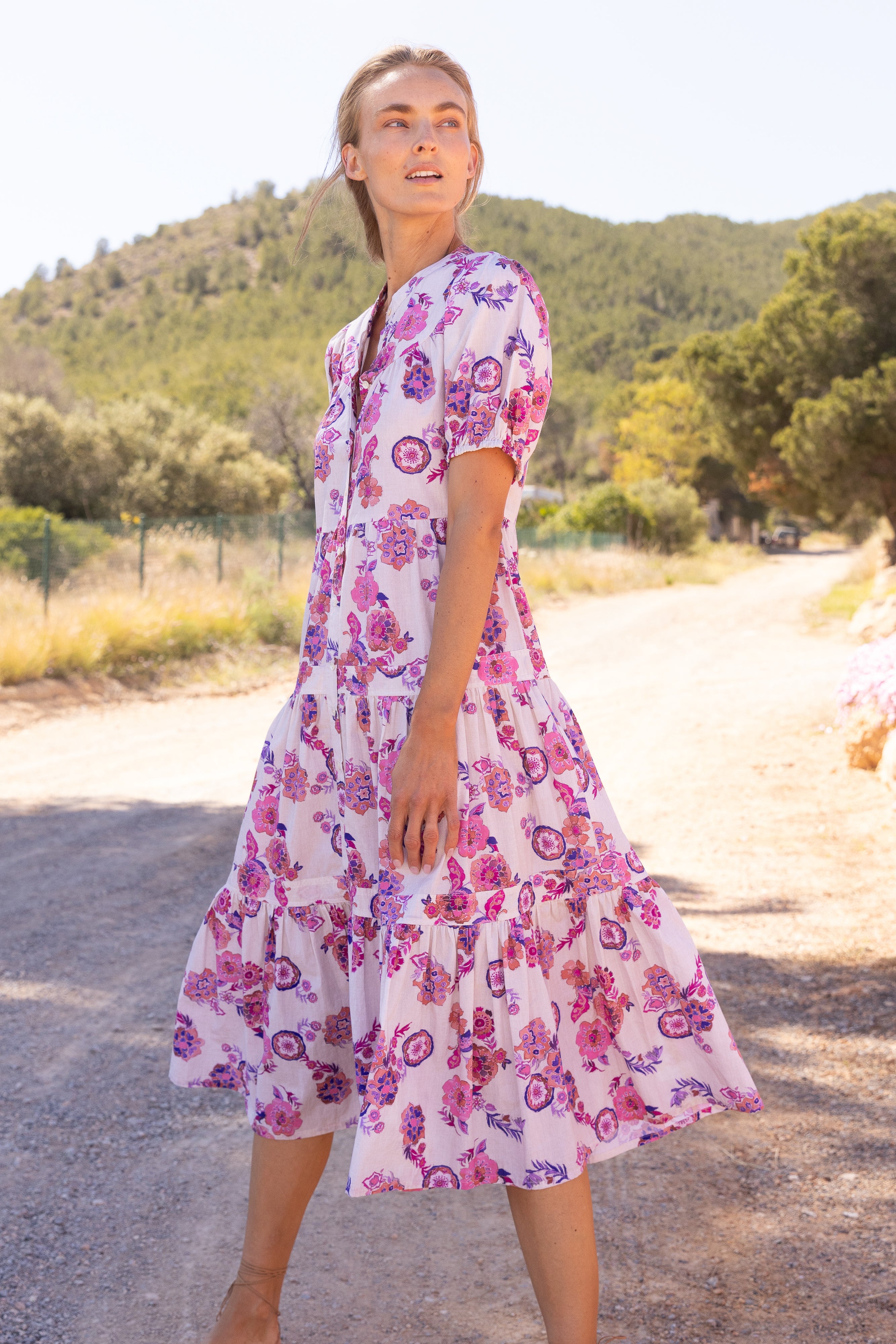 Scoop Tiered Midi- Pretoria Pink