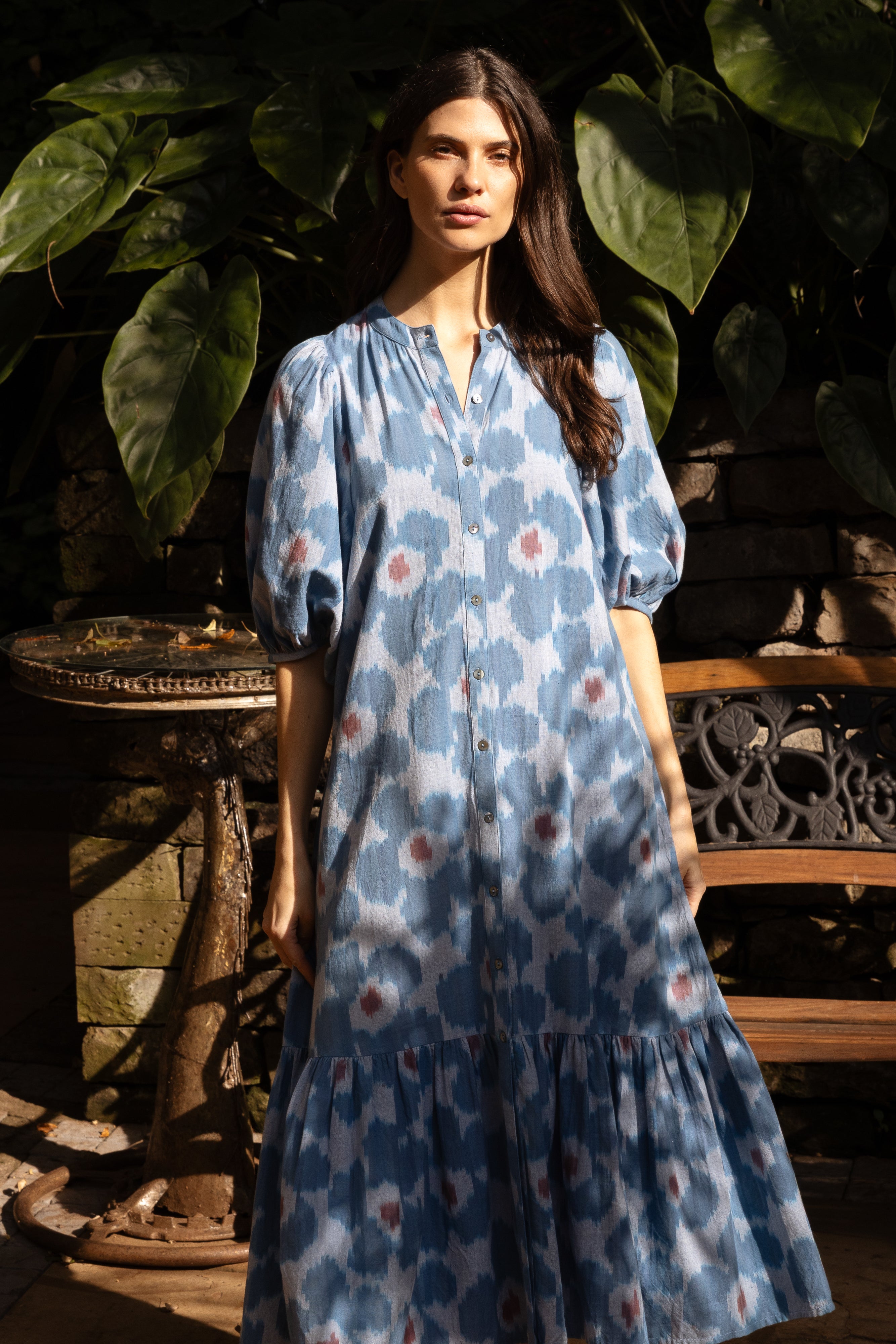 Button Puff Midi- Jinja Blue