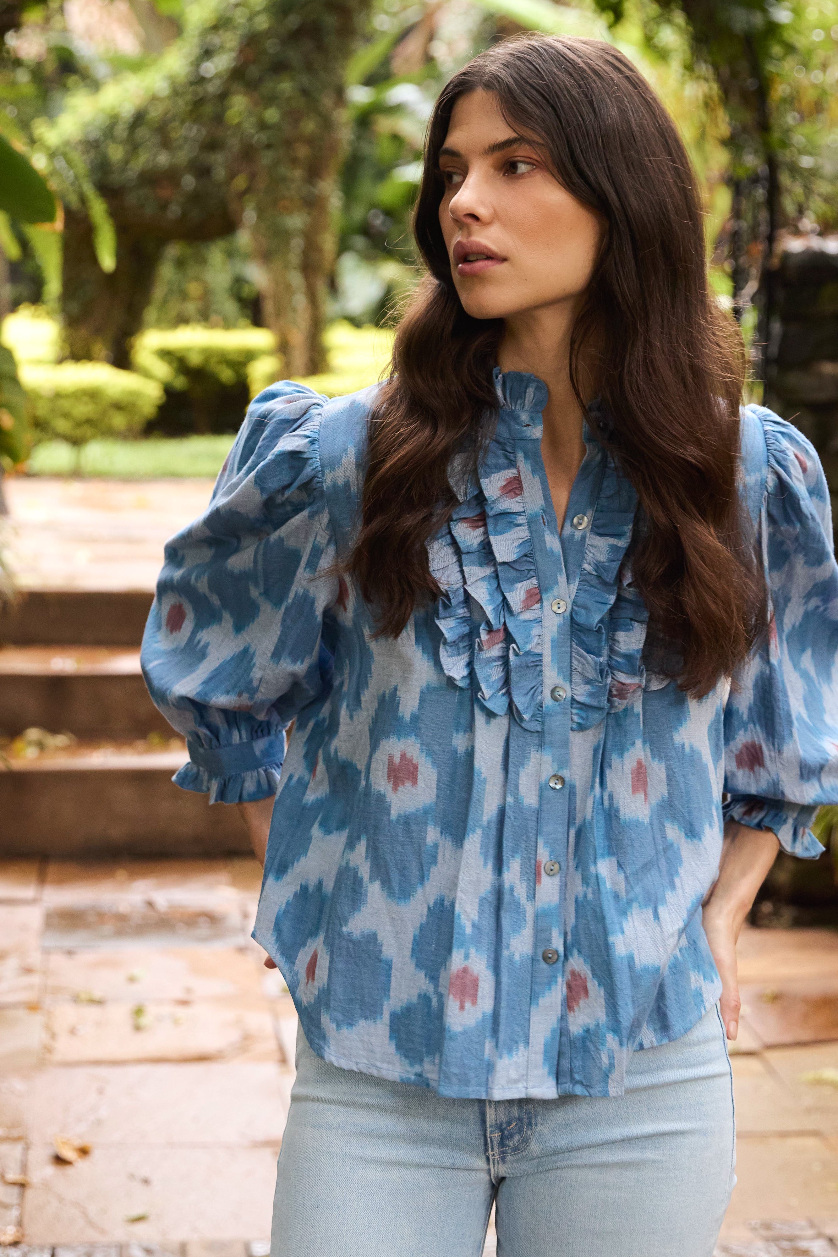 Ruffle Front Button Blouse- Jinja Blue