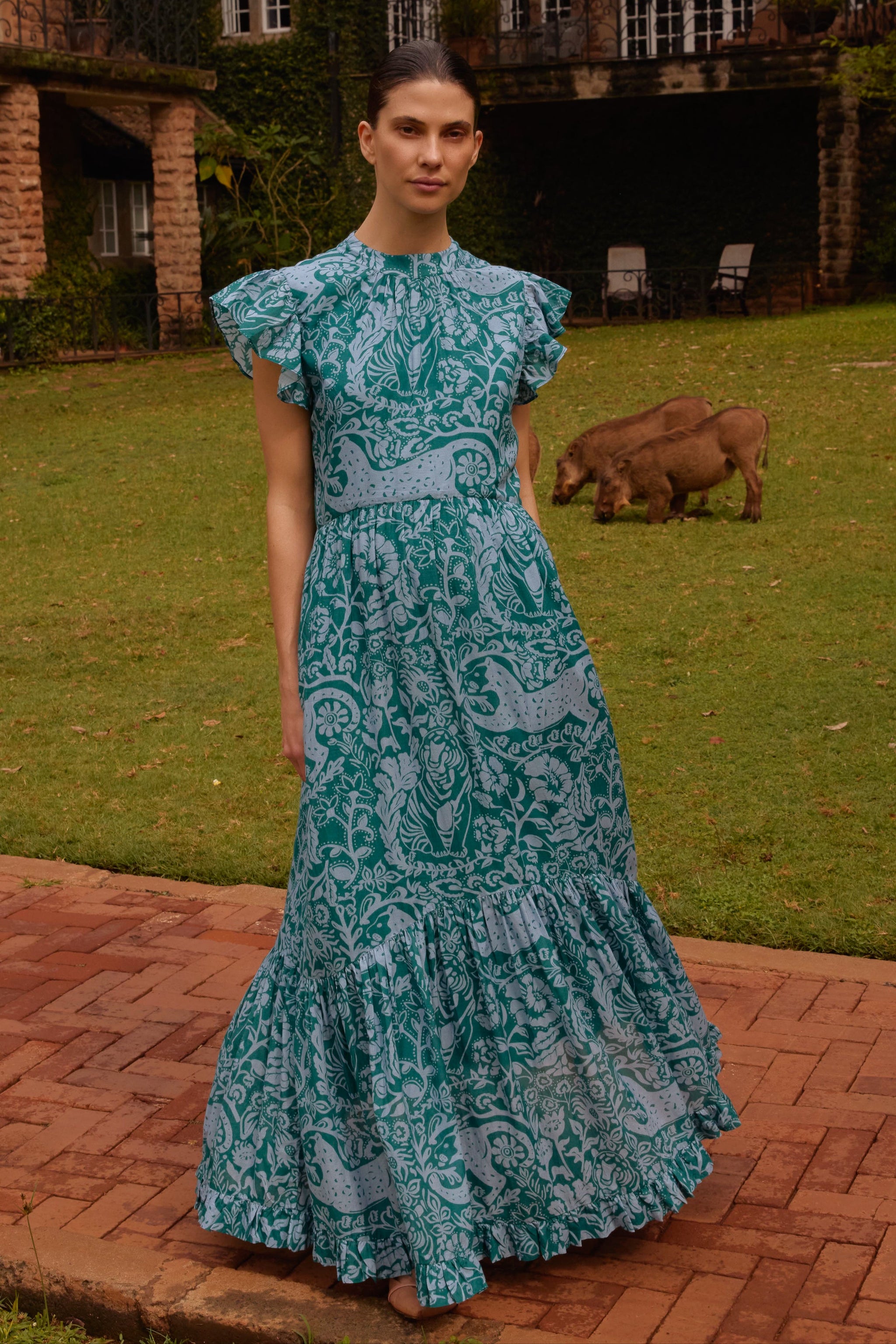 oliphant design dresses Mock Neck Flutter Maxi Cotton Voile, Singita Green, XS a dense and delicate Size:28/30 Kim Kardashian West's faceless psis:Captain