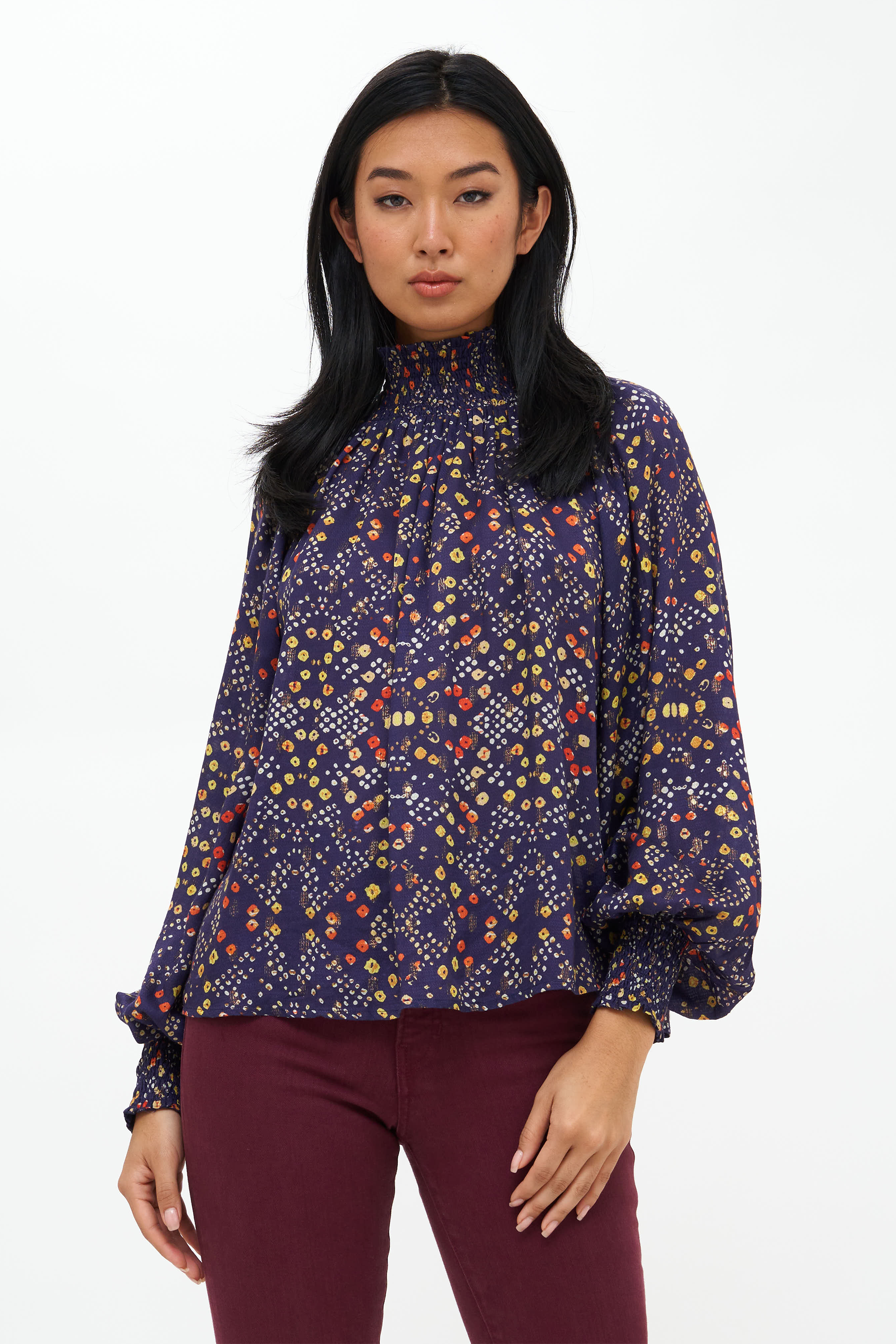 High Neck Blouse- Shibori Indigo