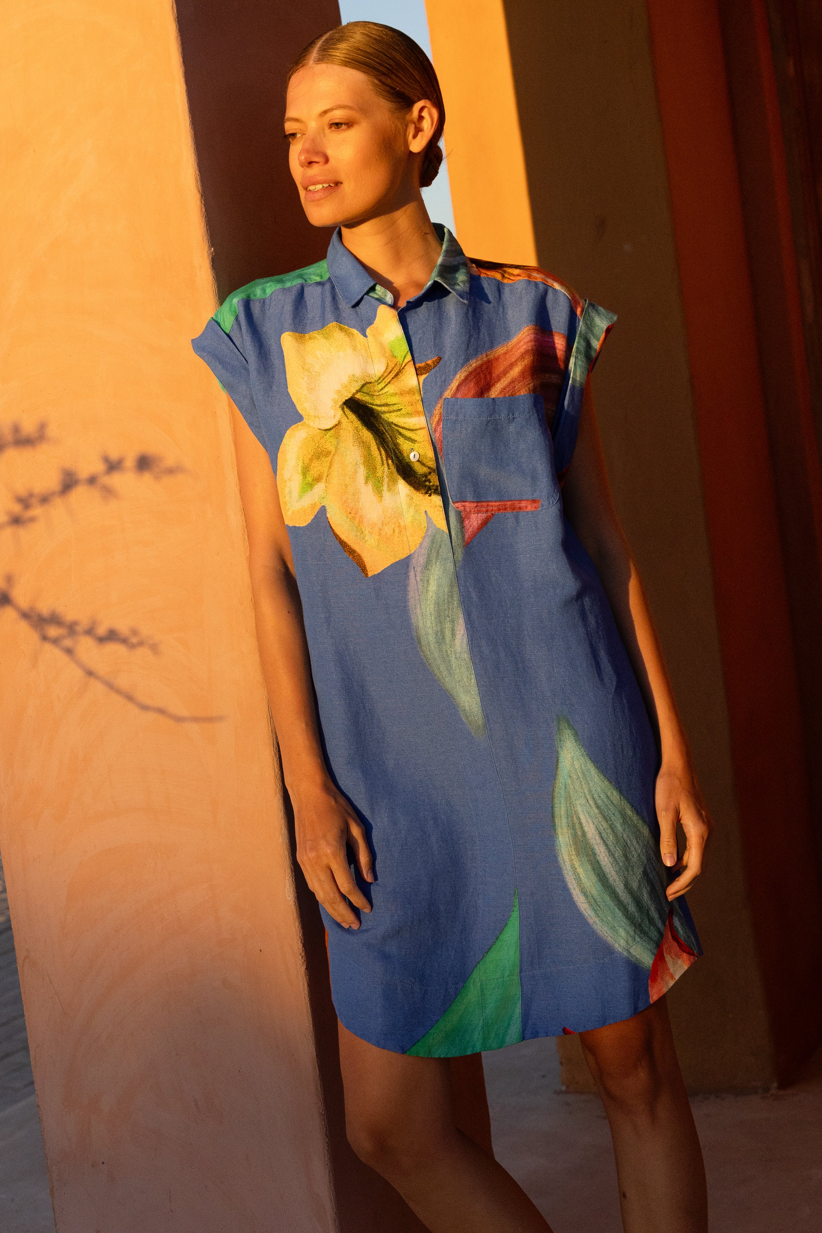 Shirt Dress Mini- Hibiscus Blue