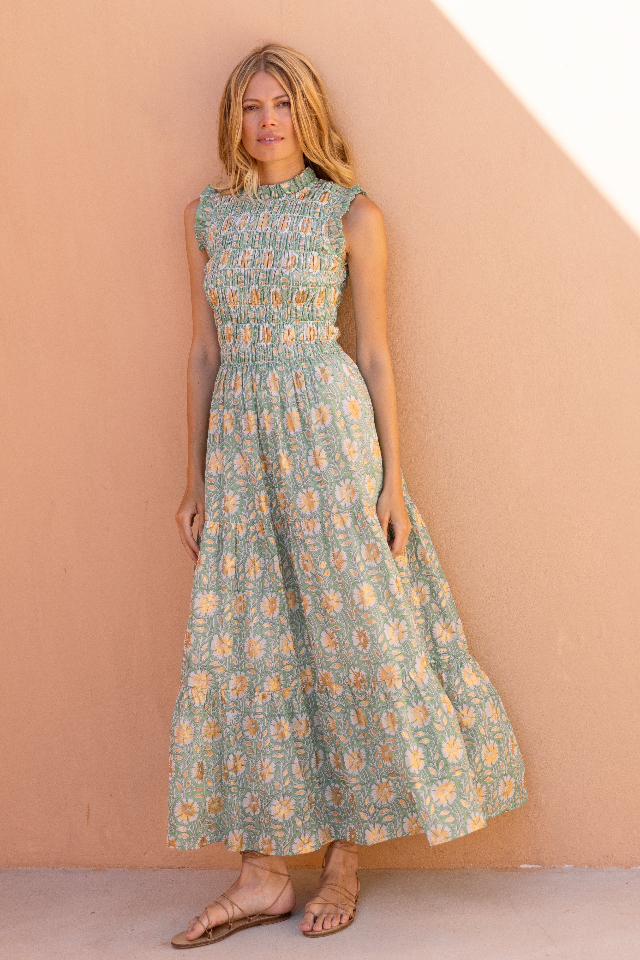 Sleeveless Smocked Maxi- Mughal Green