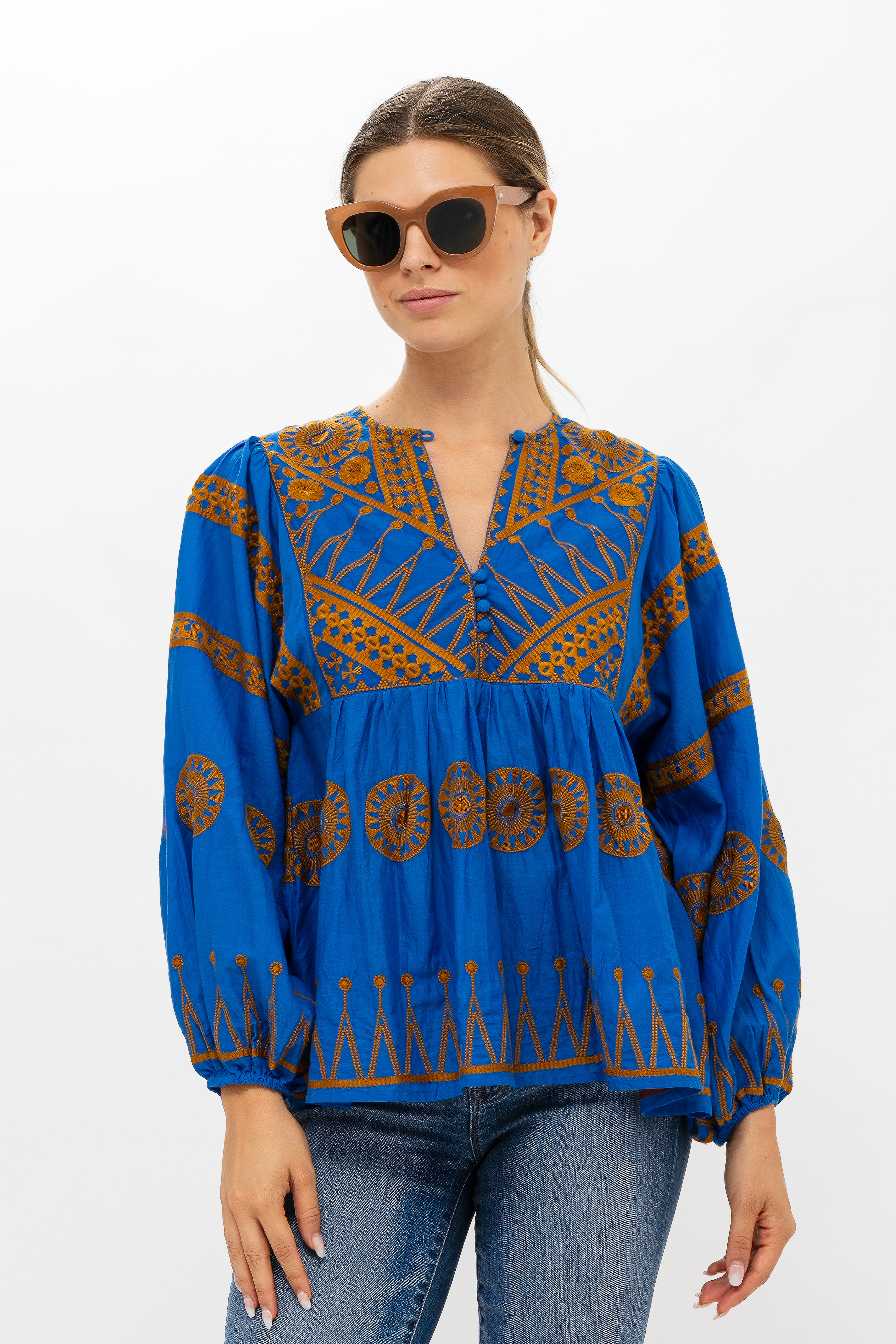 Mandarin Balloon Sleeve Top- Soleil Blue