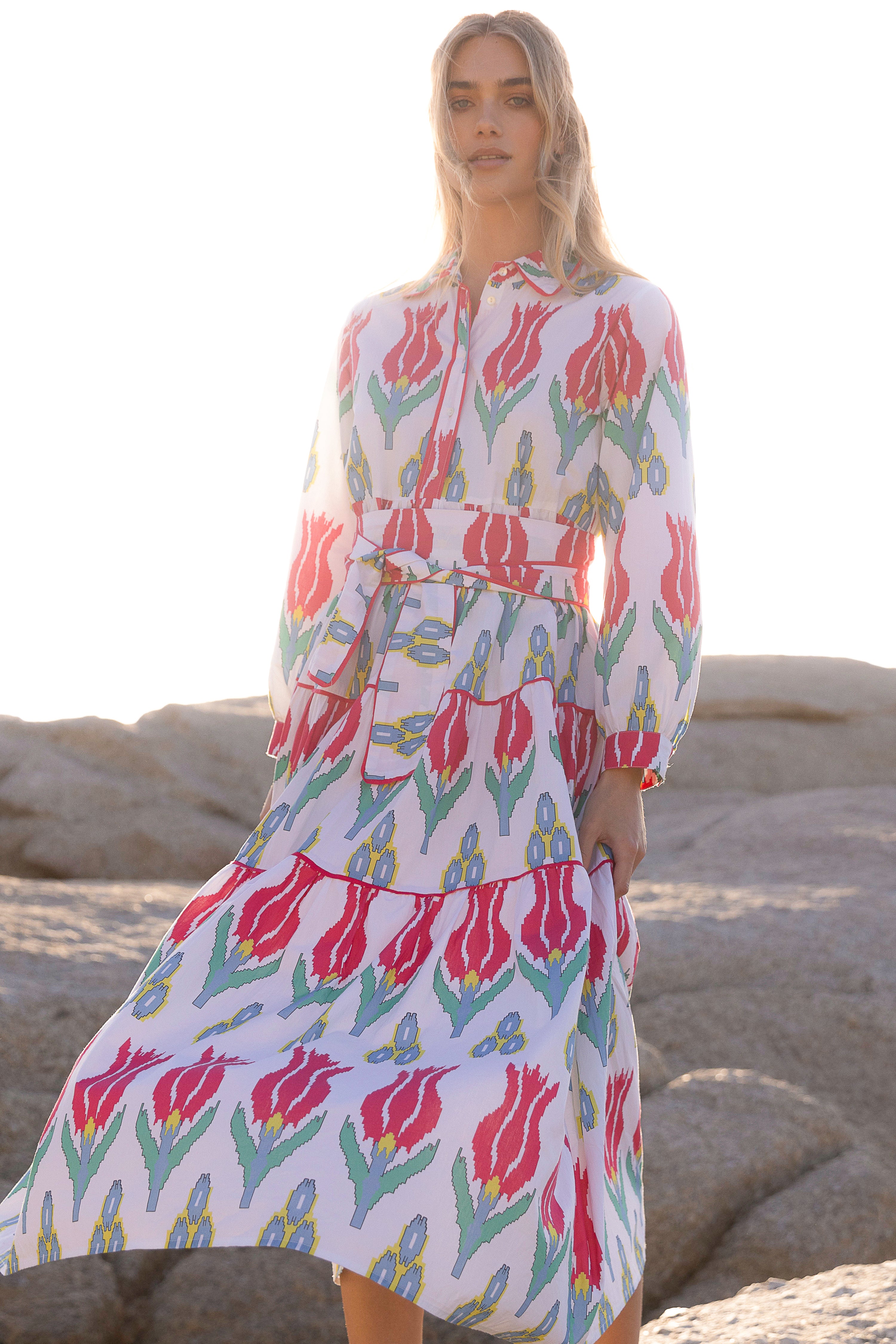 Tie Waist Shirt Dress Maxi- Sumba Red