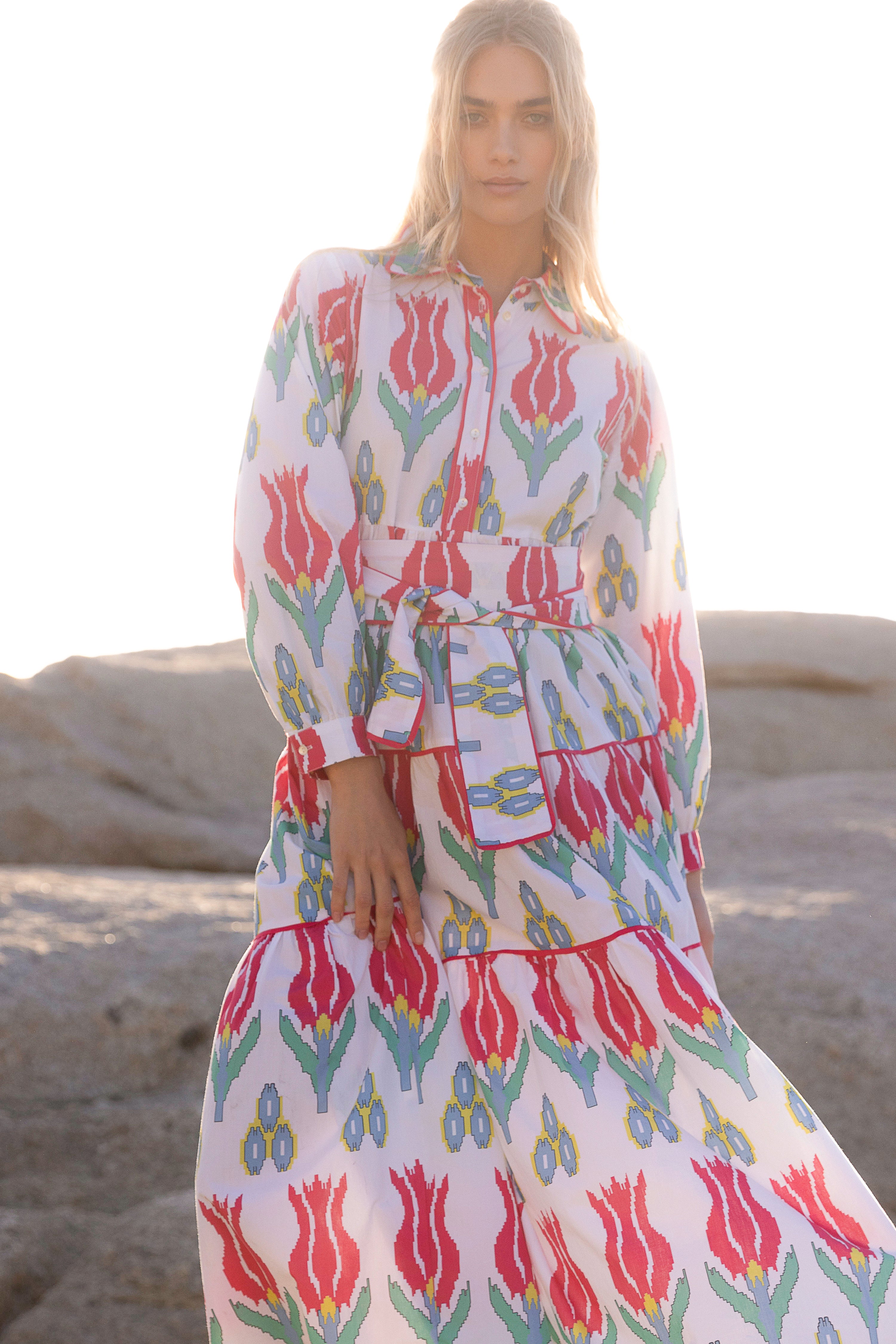 Tie Waist Shirt Dress Maxi- Sumba Red