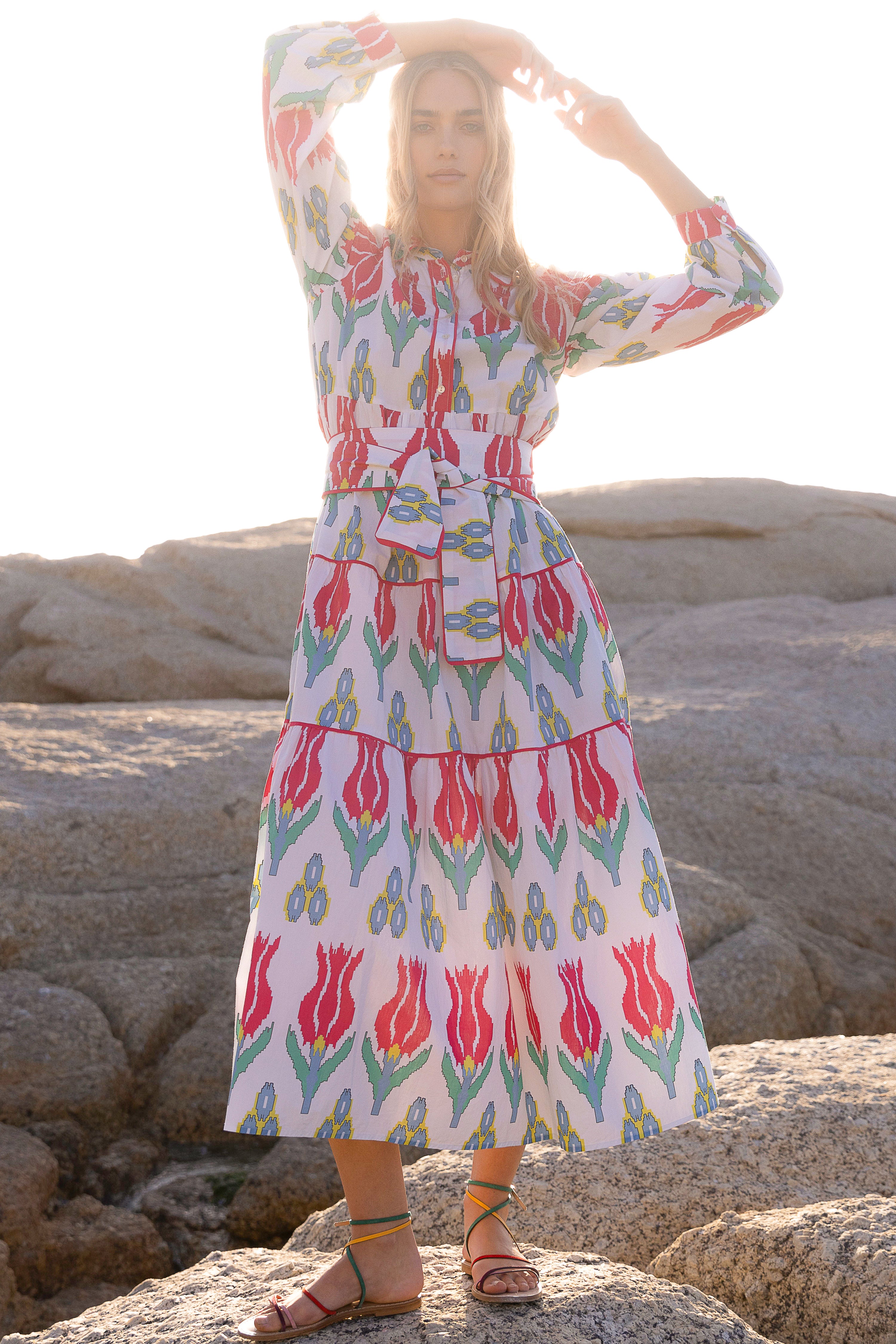 Tie Waist Shirt Dress Maxi- Sumba Red