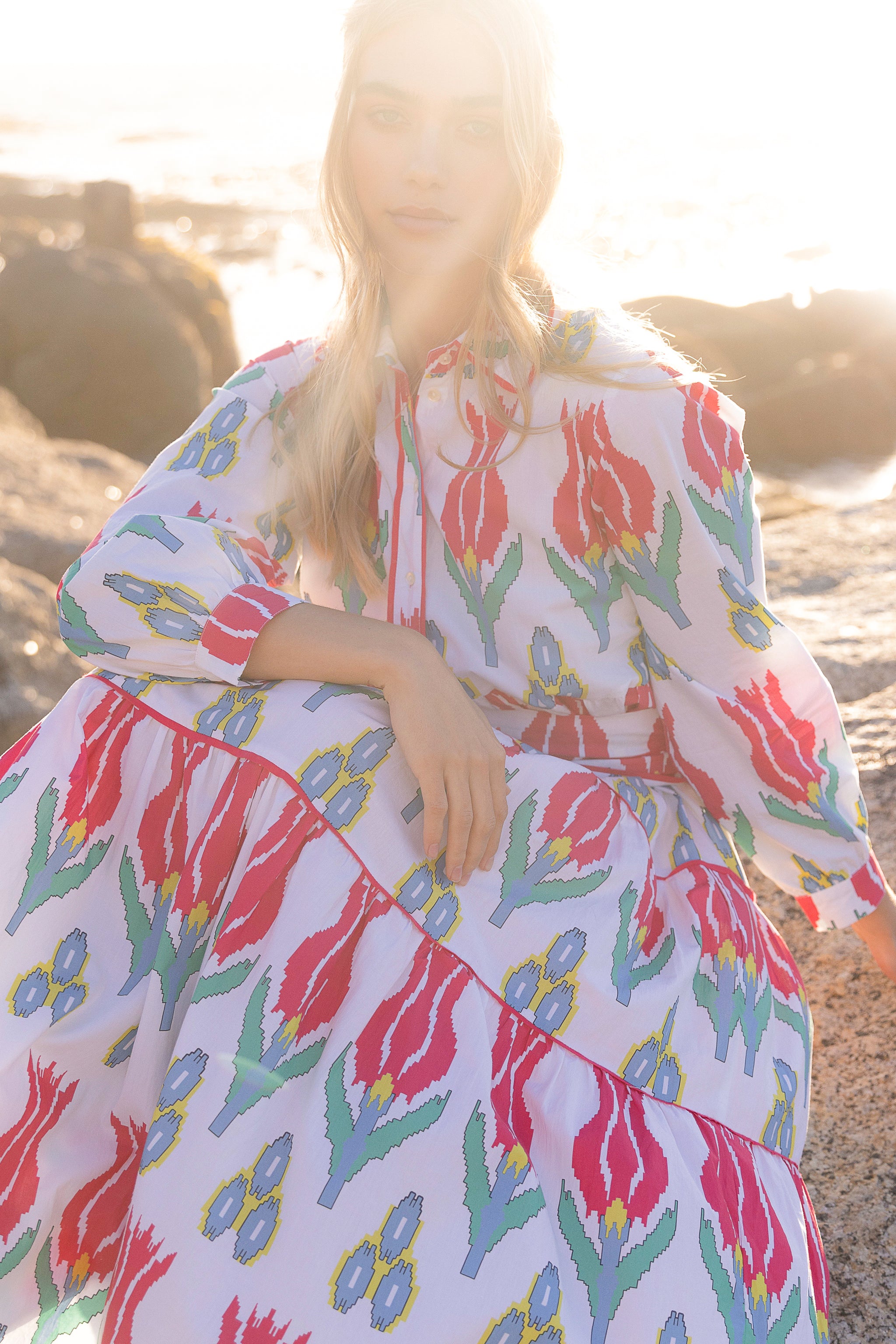 Tie Waist Shirt Dress Maxi- Sumba Red-Medium