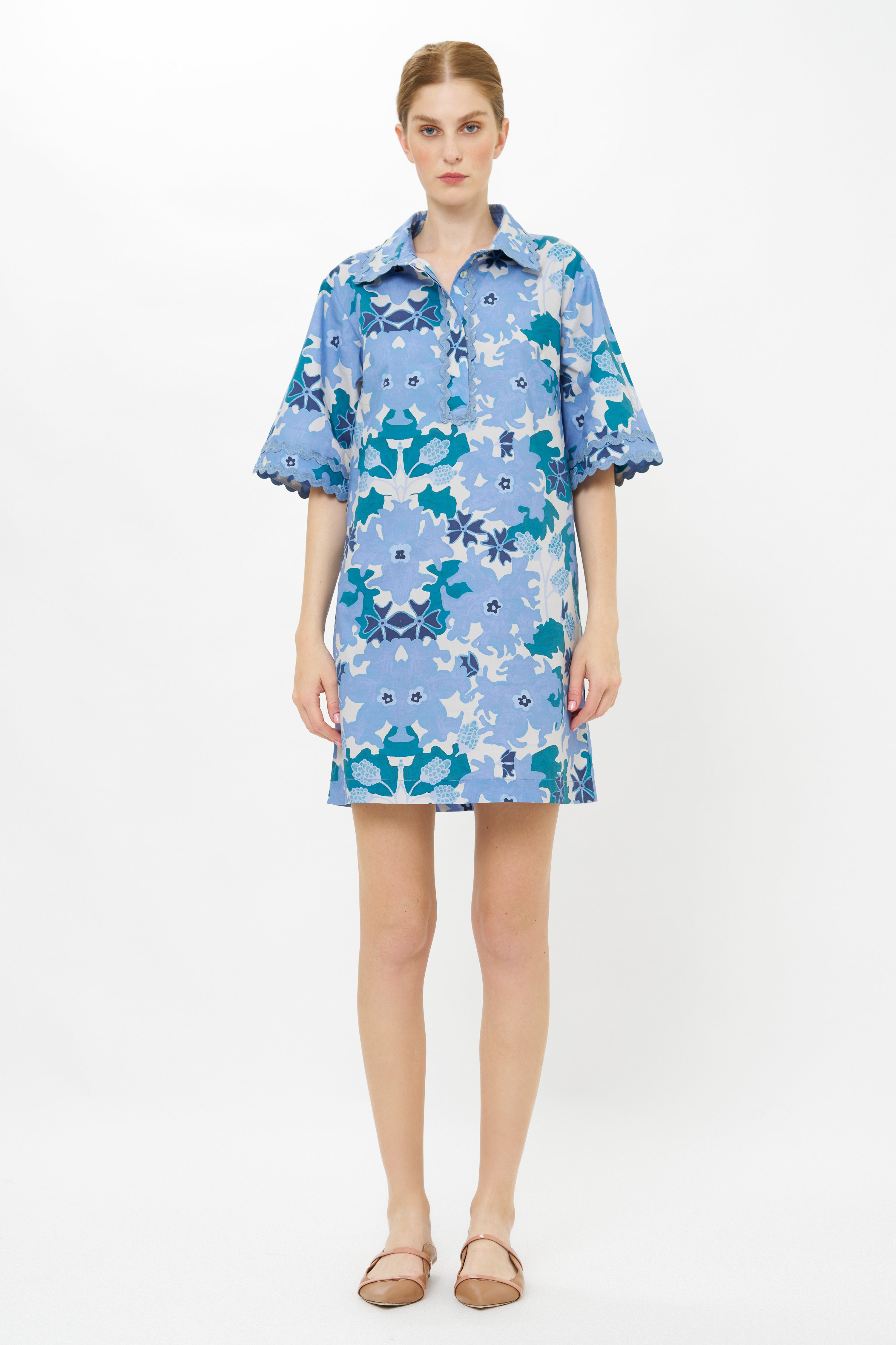 Collared Shirt Dress Mini- Suzani Blue