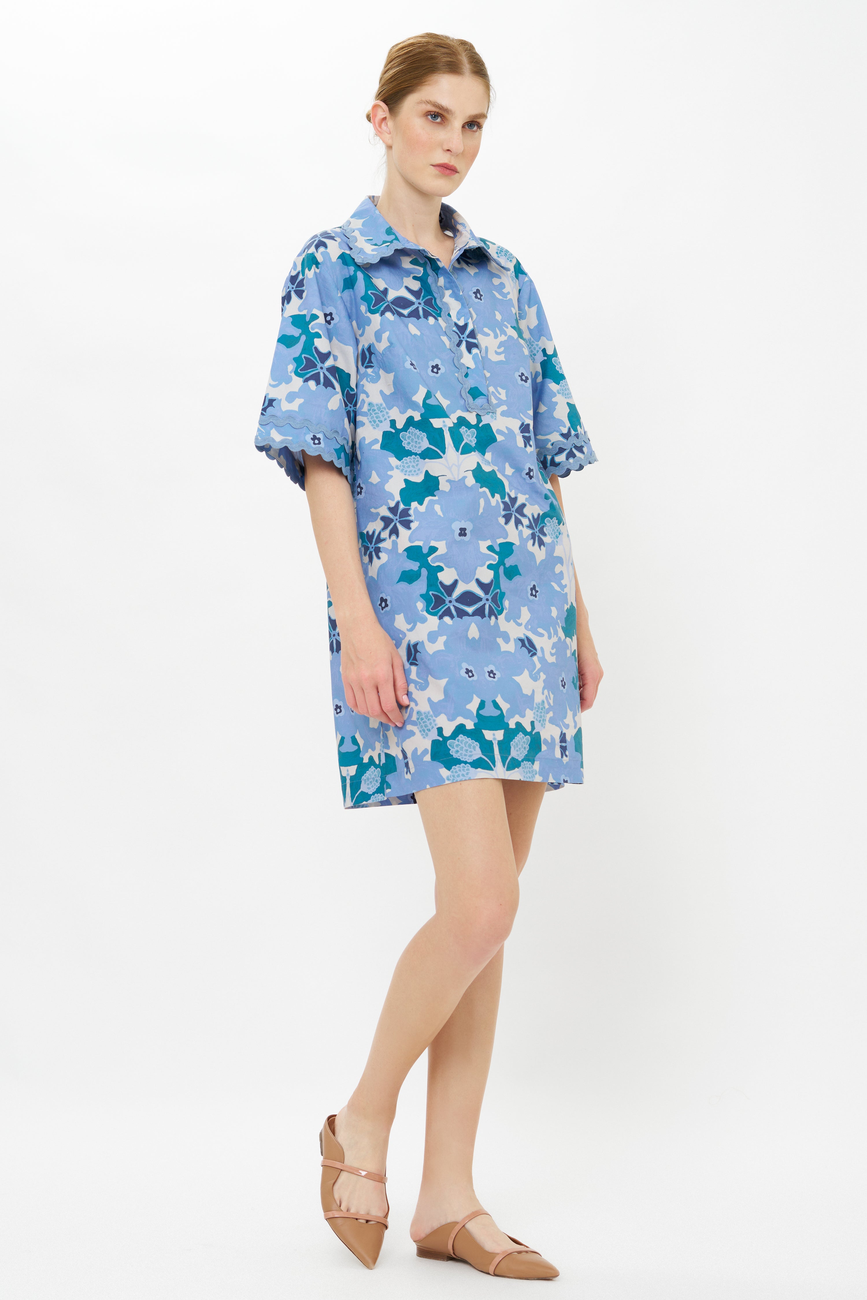 Collared Shirt Dress Mini- Suzani Blue