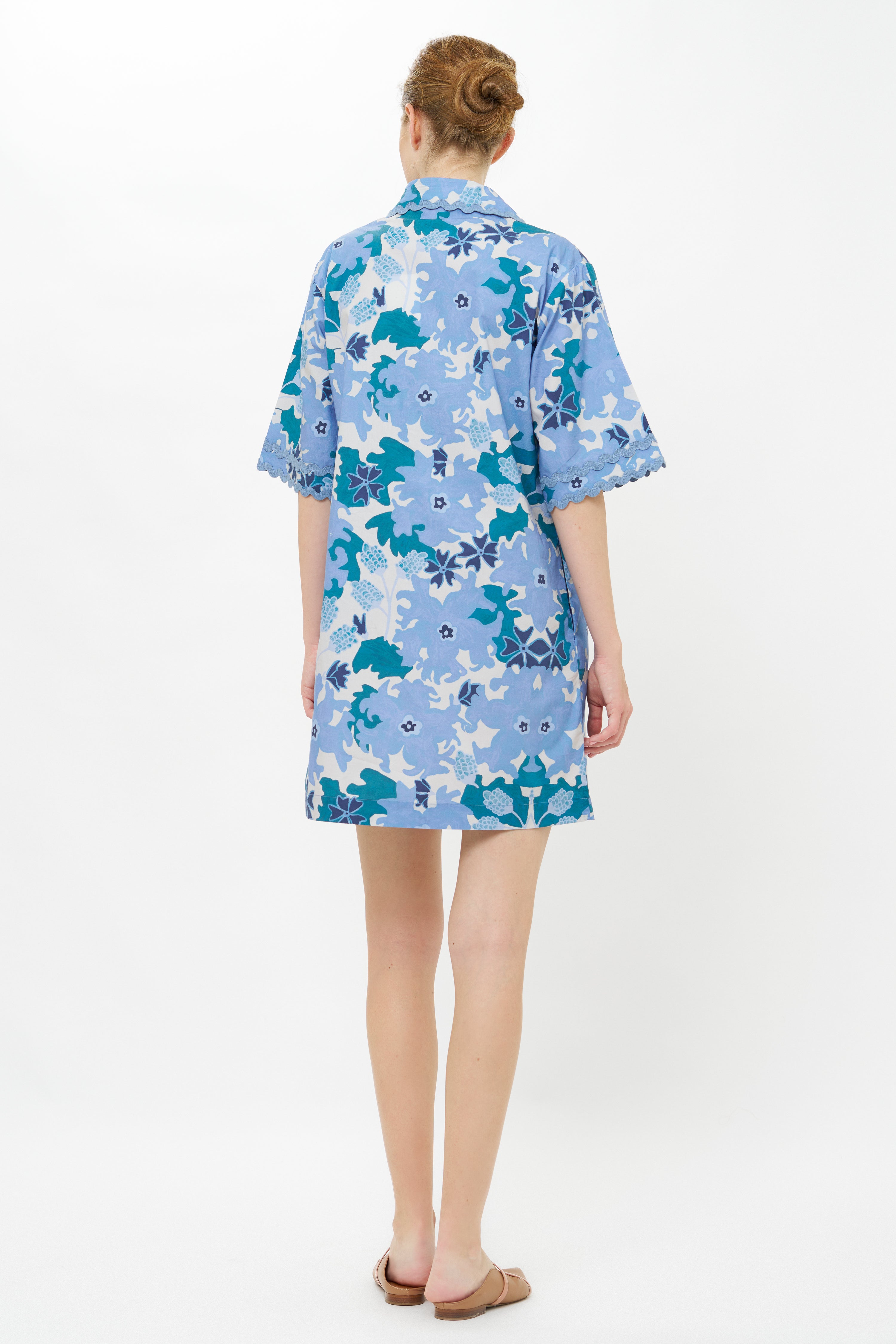 Collared Shirt Dress Mini- Suzani Blue