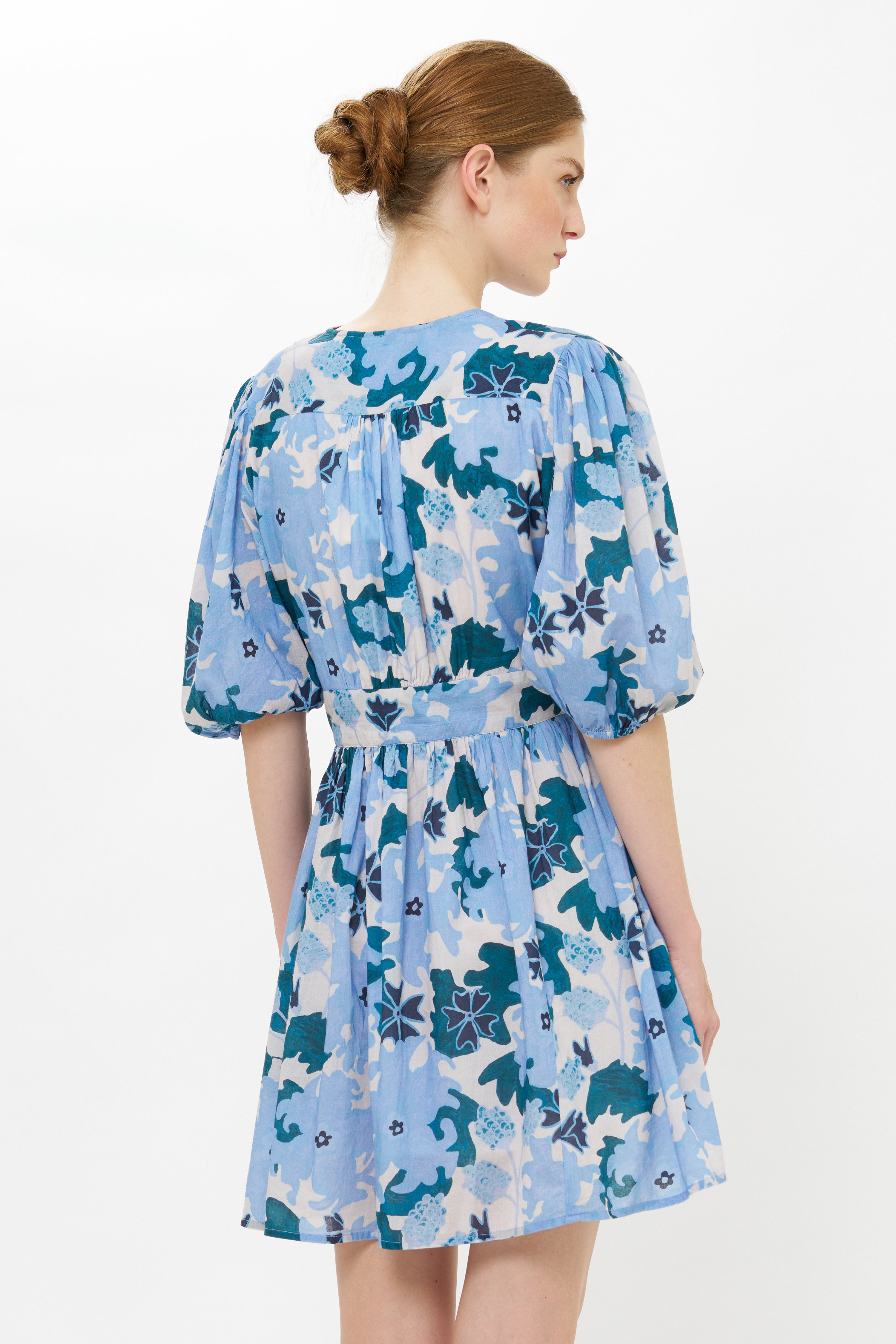 V-Neck Puff Mini- Suzani Blue