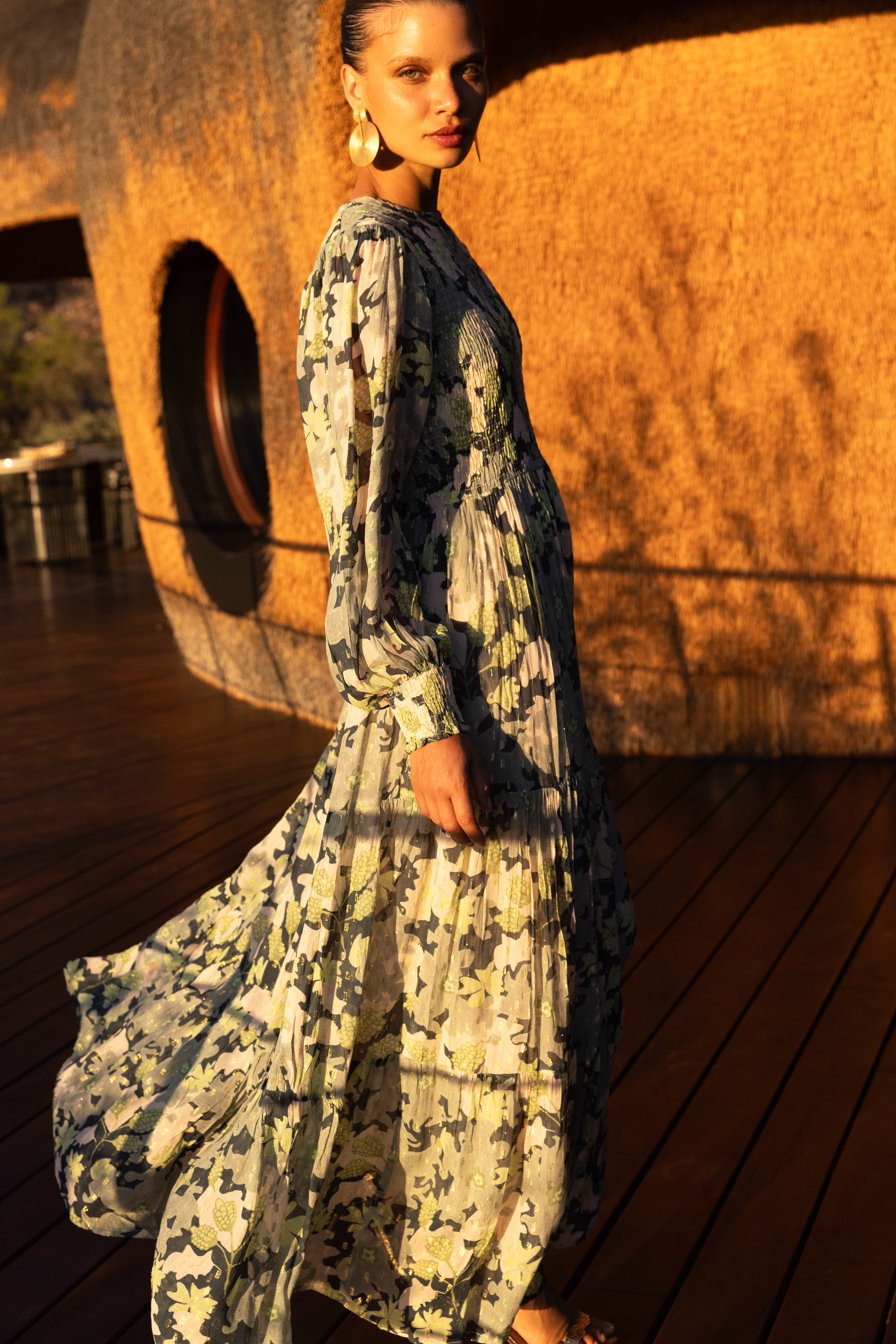 Smocked Top Maxi- Suzani Charcoal