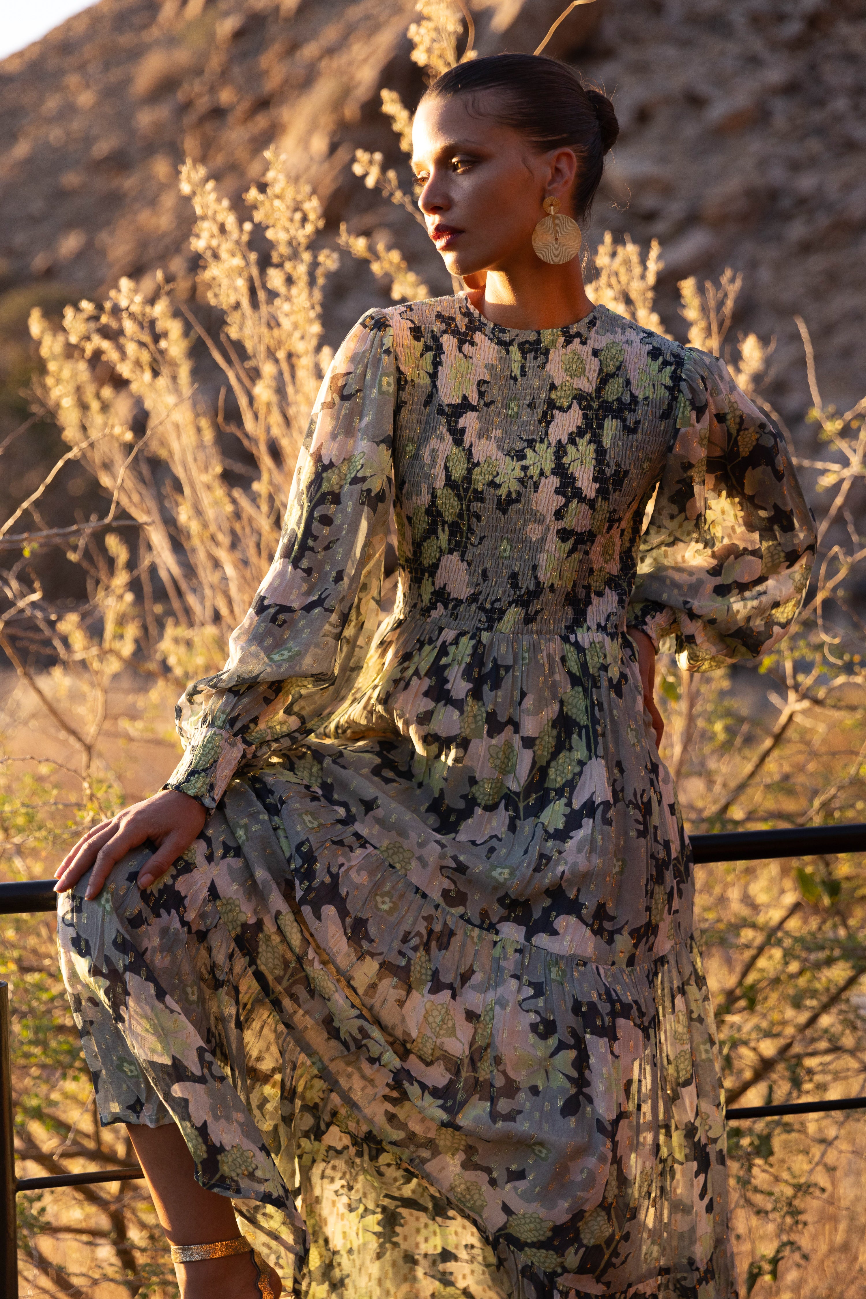 Smocked Top Maxi- Suzani Charcoal