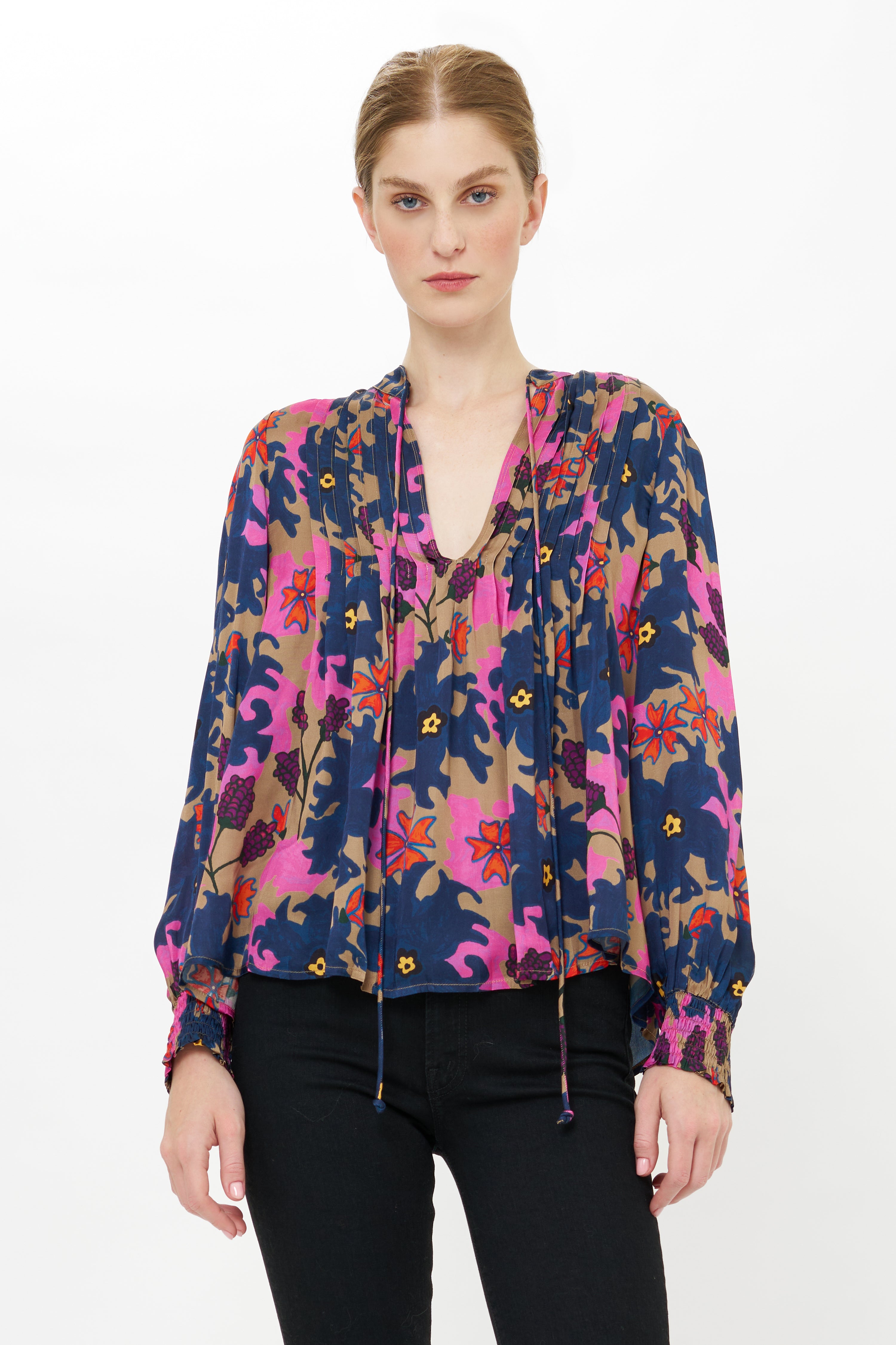 V-Neck Pintuck Blouse- Suzani Navy