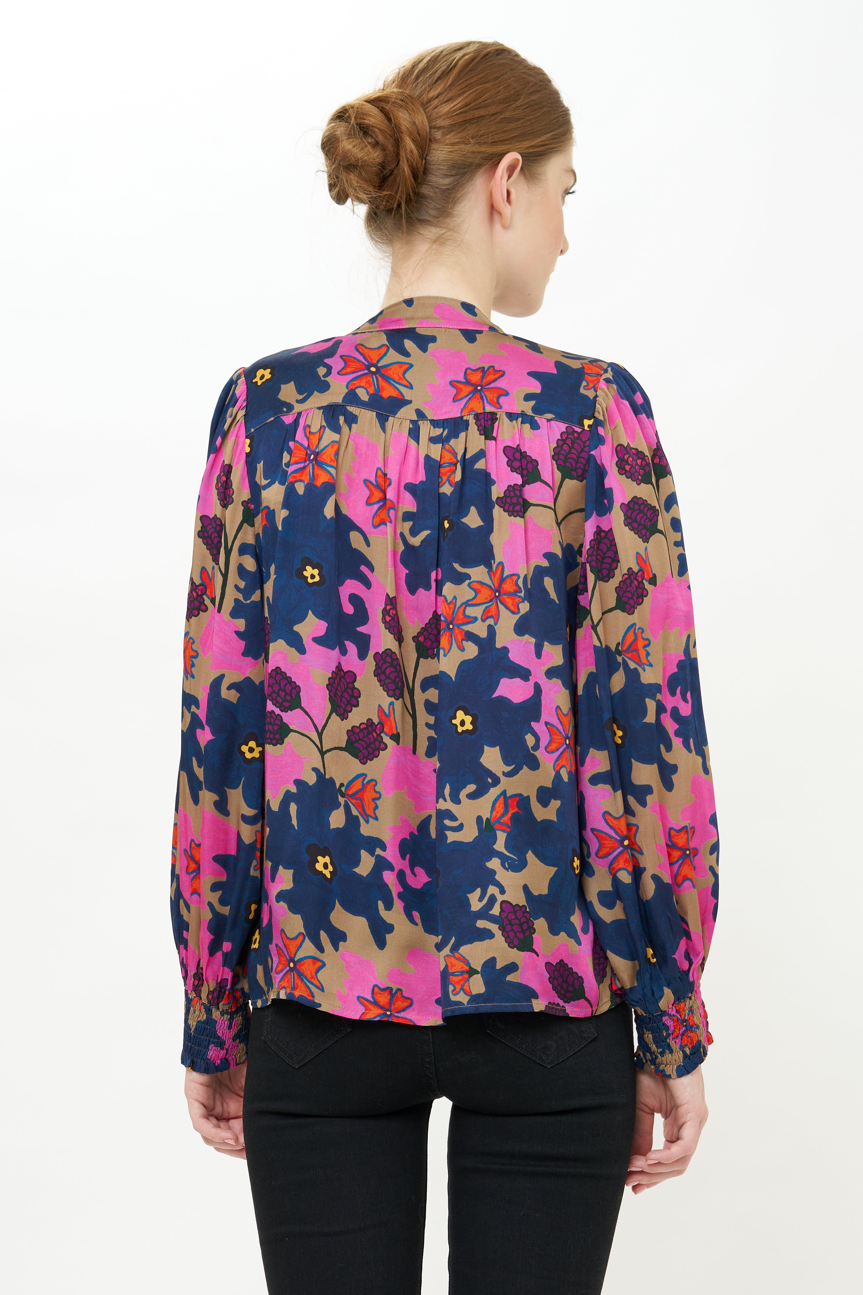 V-Neck Pintuck Blouse- Suzani Navy