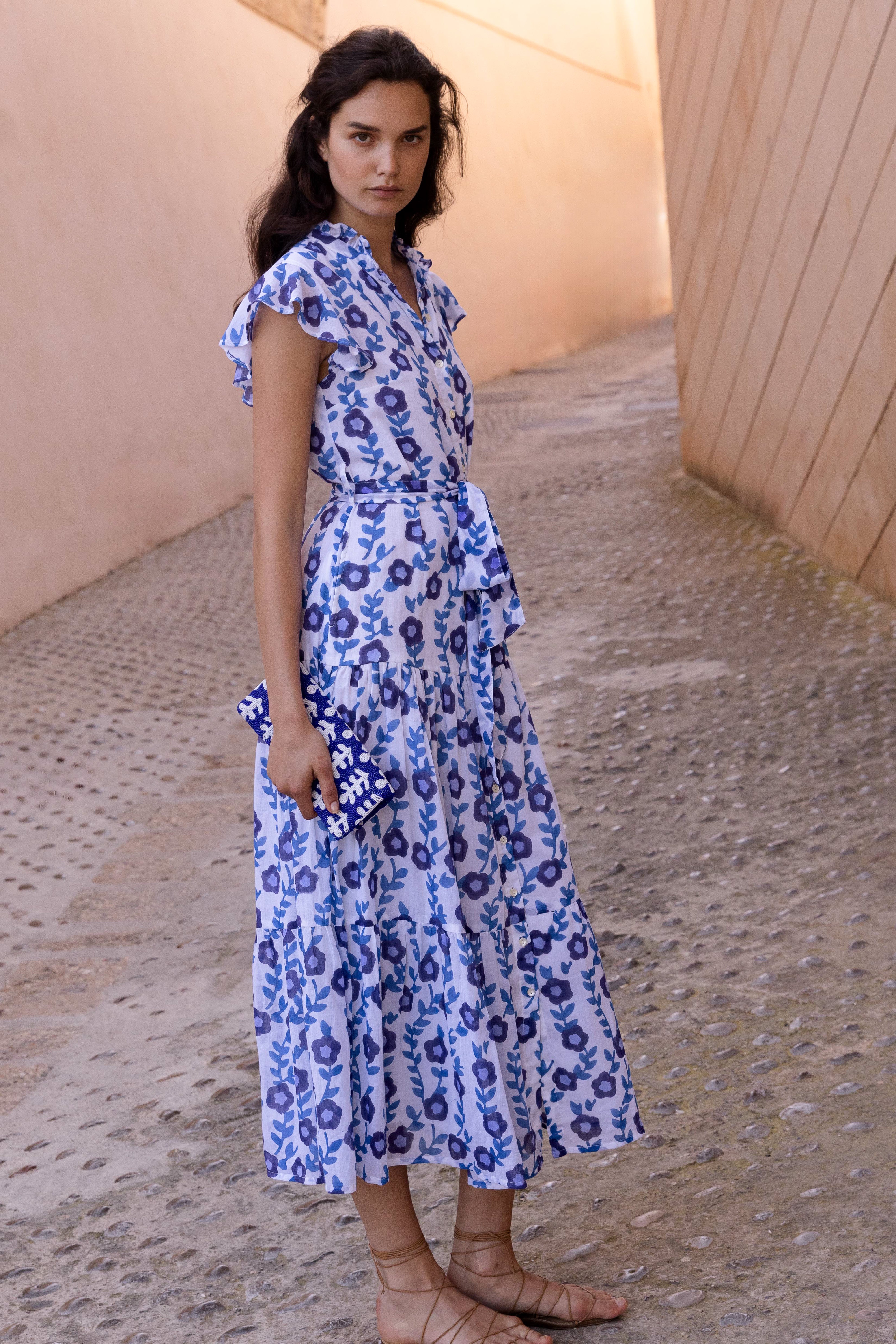 Ruffle Collar Button Maxi- Toscana Blue