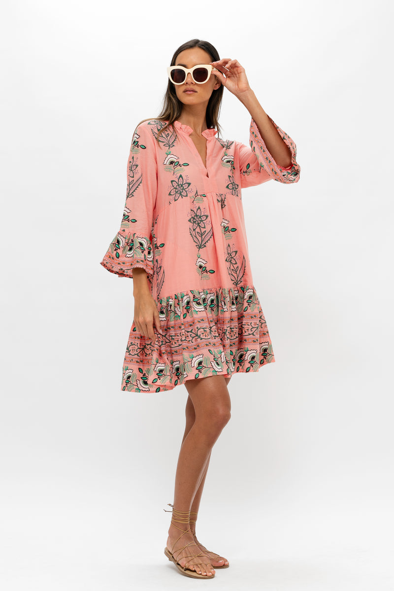 Bell Sleeve Tiered Mini- Udaipur Coral
