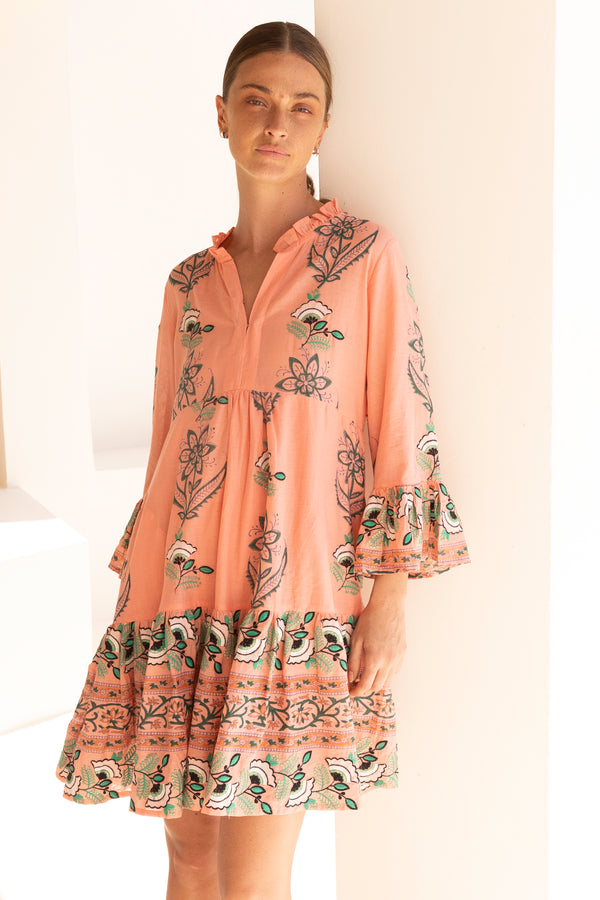 Bell Sleeve Tiered Mini- Udaipur Coral
