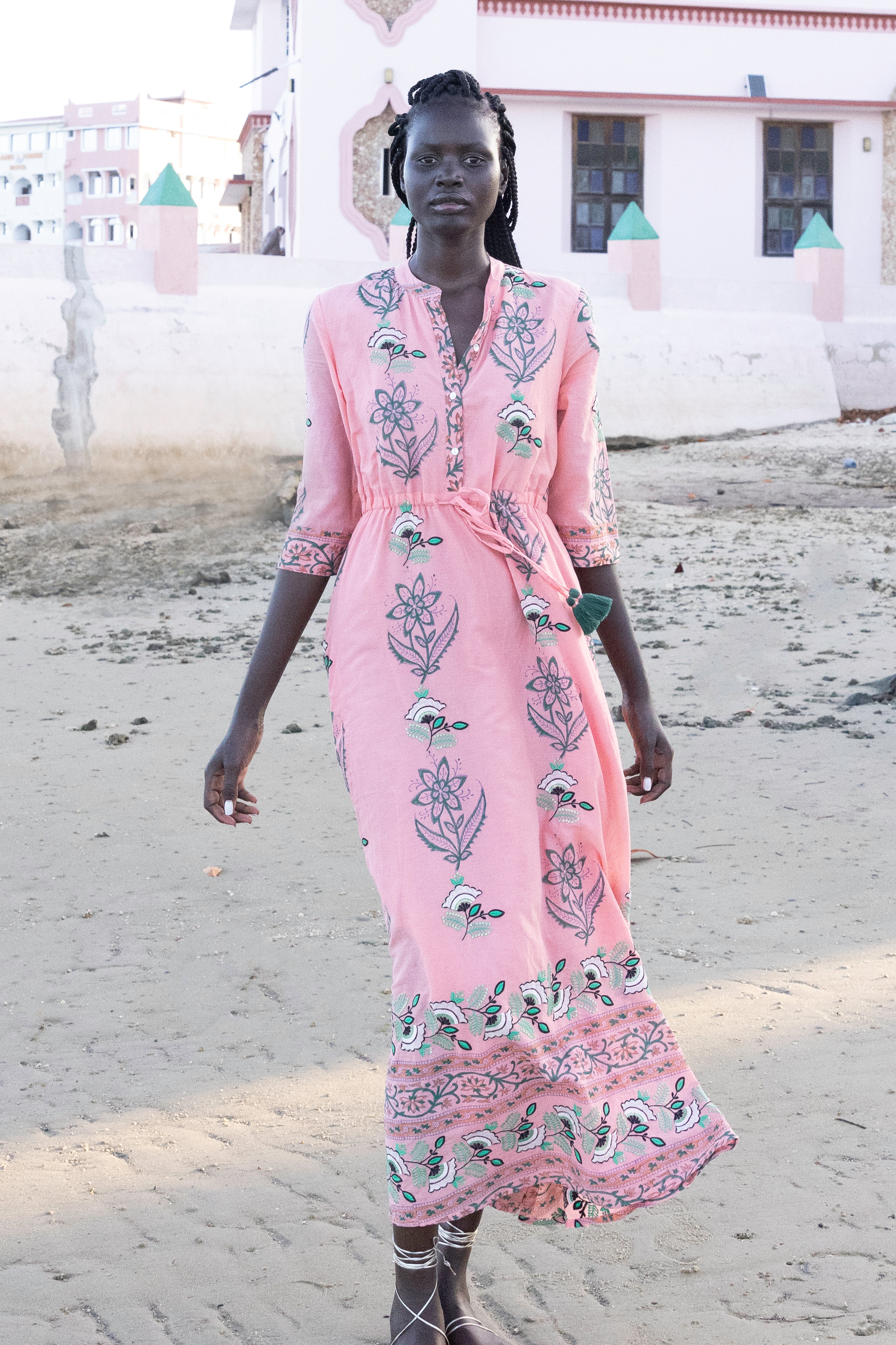 Cinched Shirt Dress Maxi- Udaipur Coral