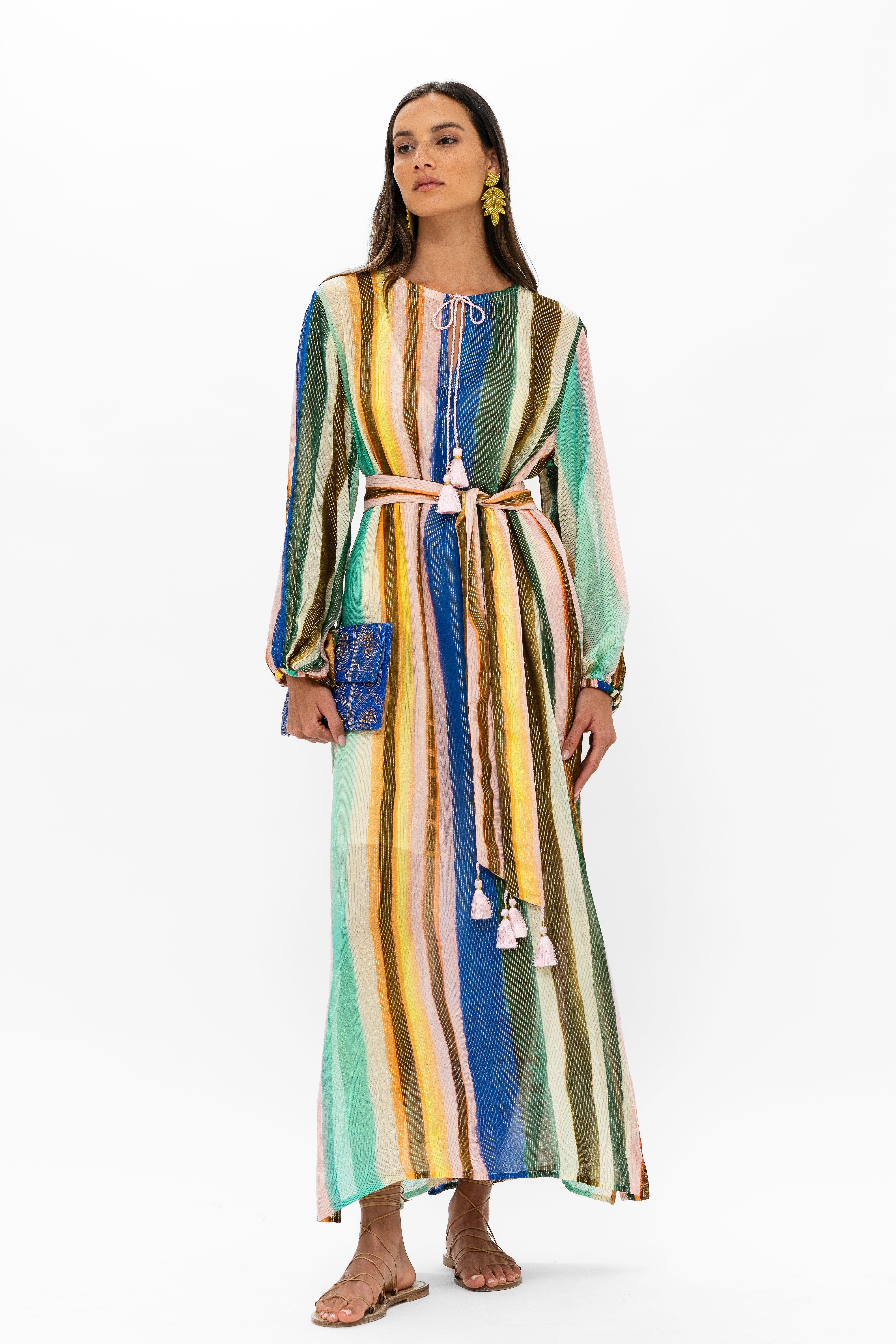 Belted Long Sleeve Shift Maxi- Zanzibar Multi