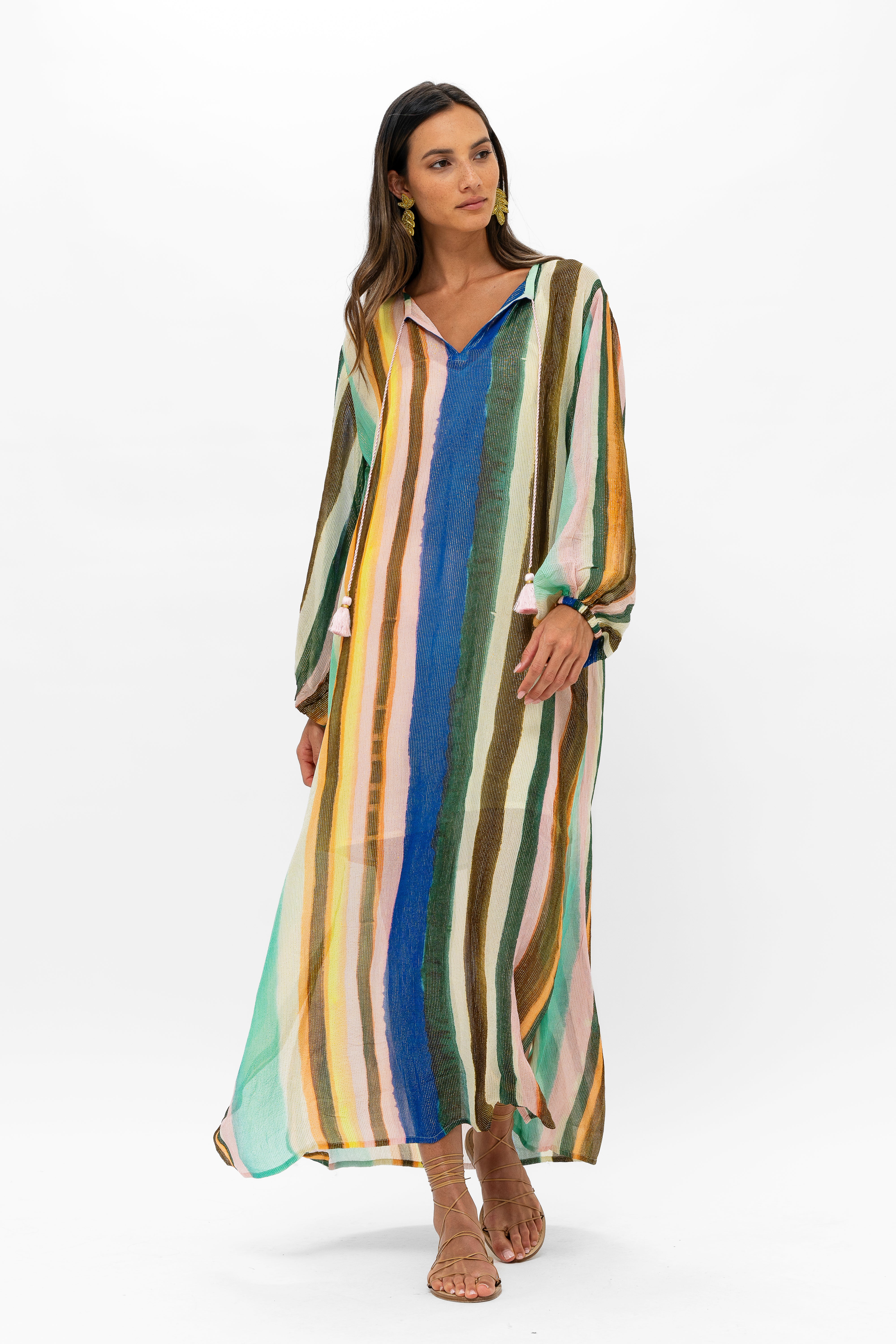 Belted Long Sleeve Shift Maxi- Zanzibar Multi