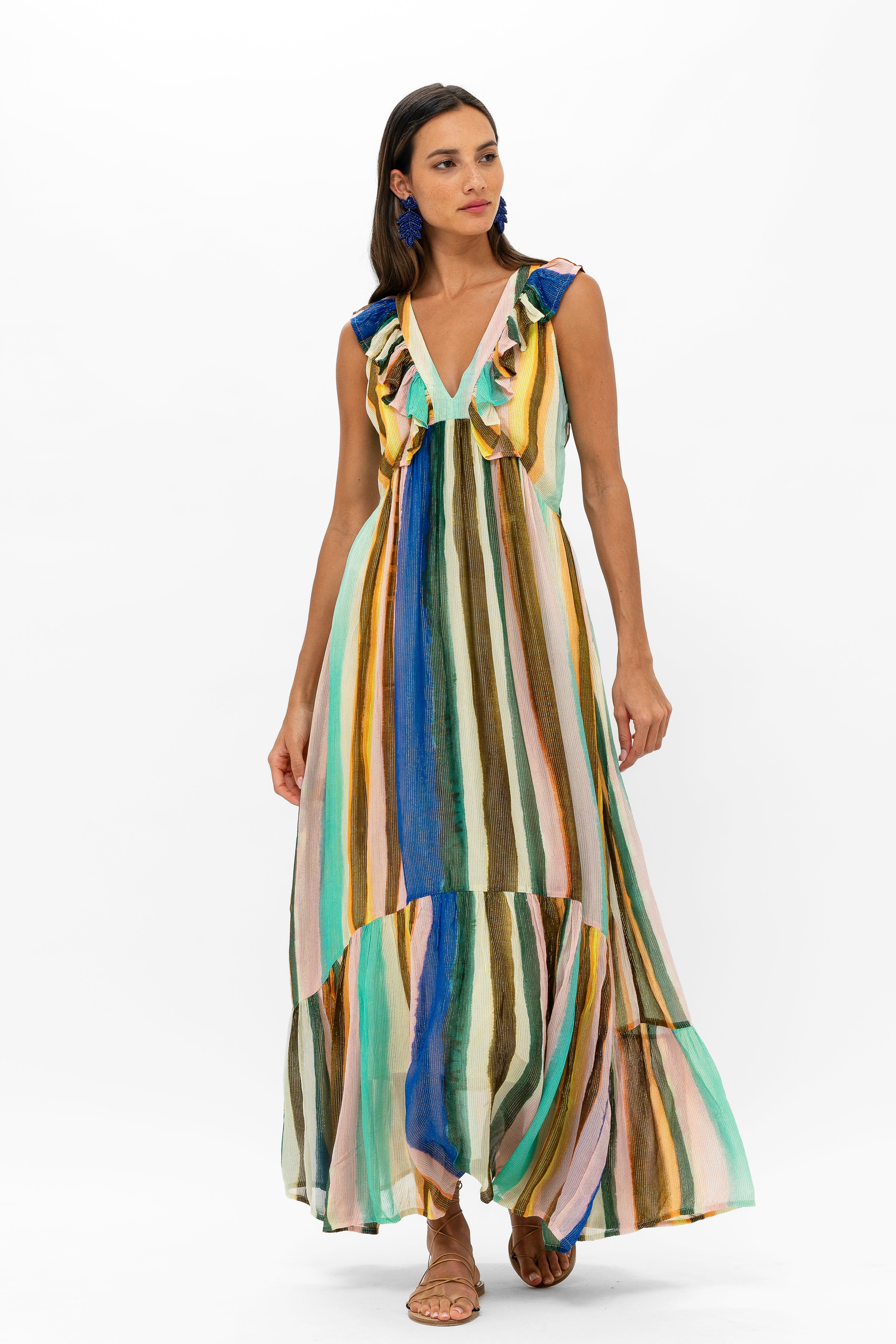 Ruffle V-Neck Maxi- Zanzibar Multi