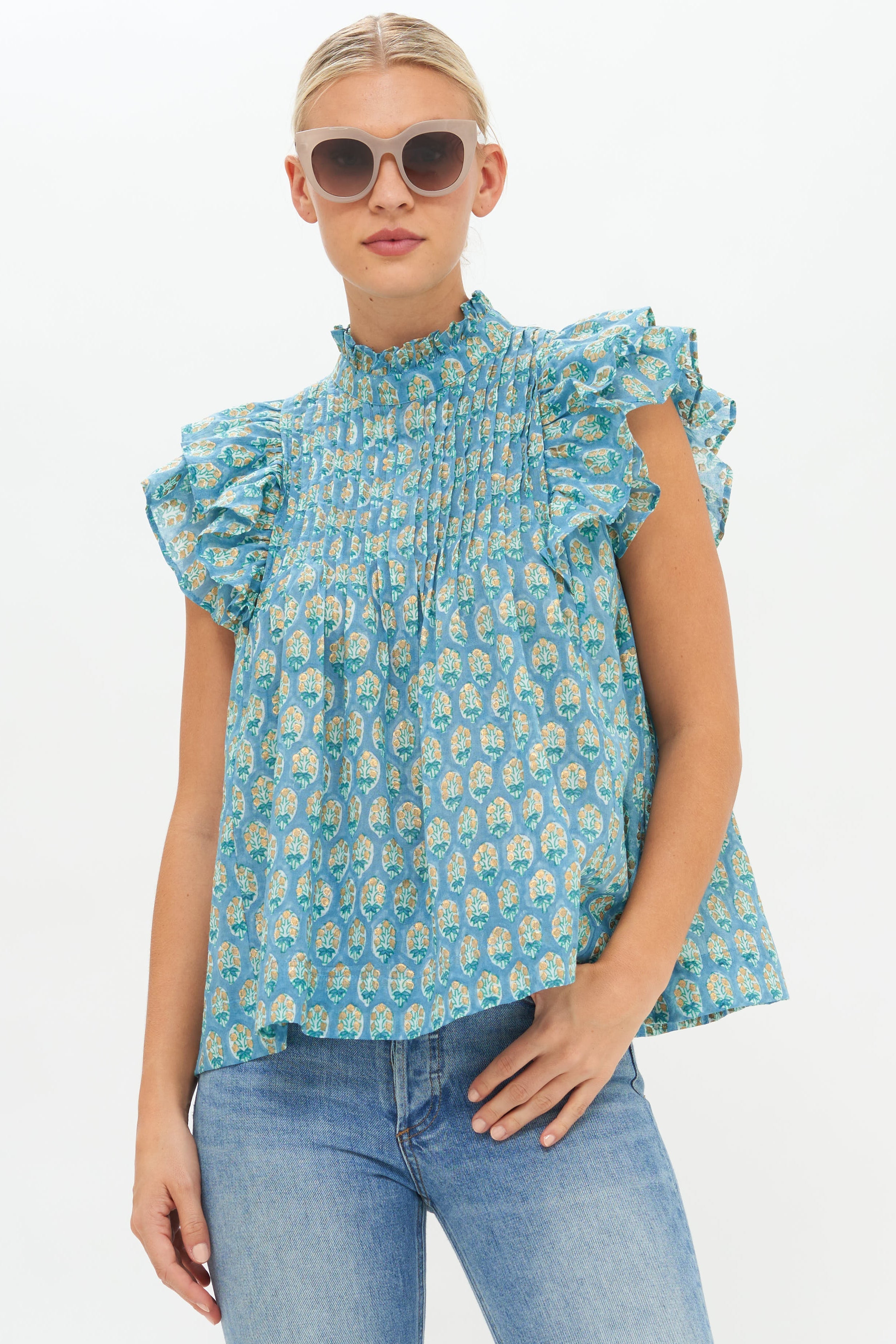 Pintuck Ruffle Top- Lisbon Blue Gold