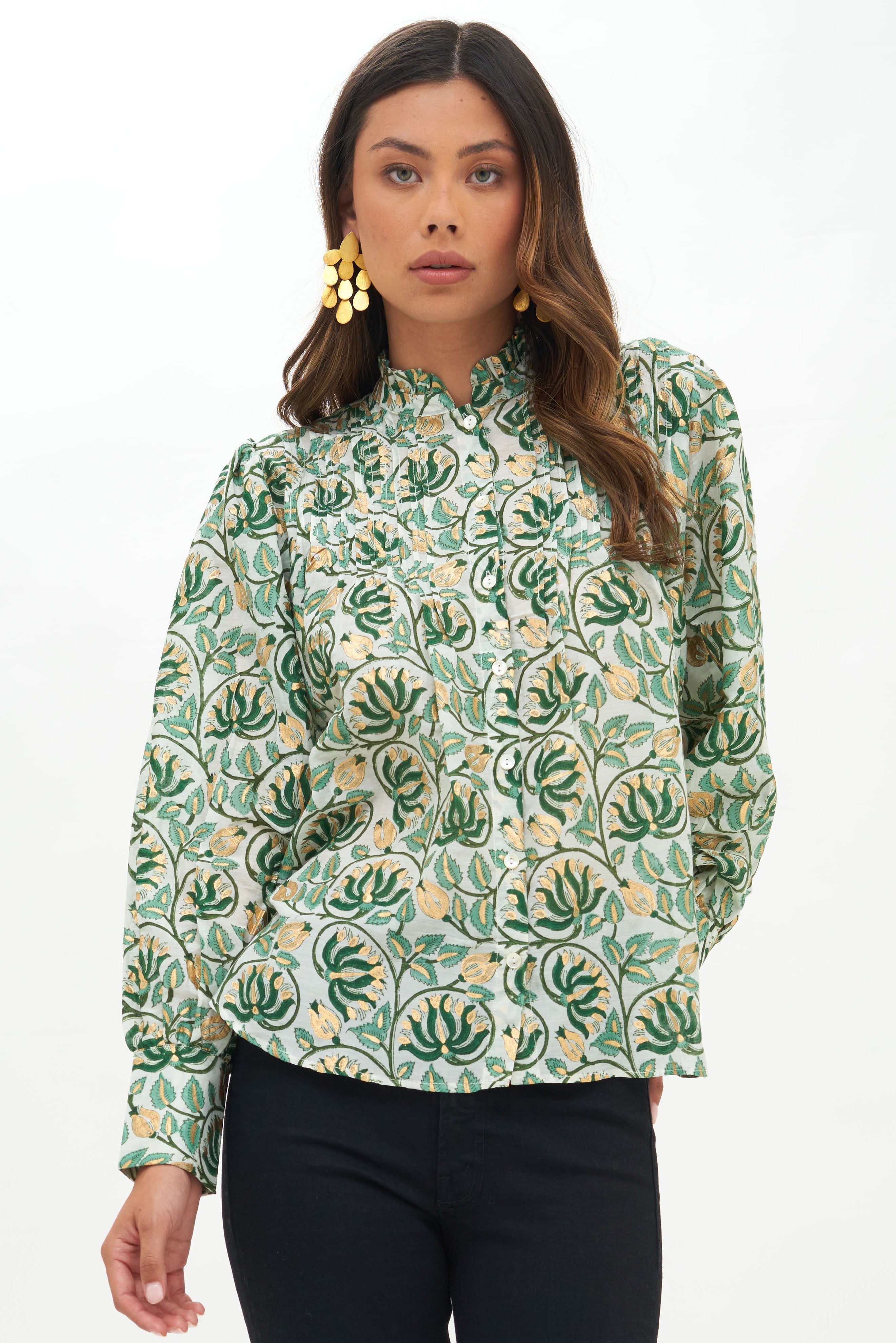 Pintuck Wide Cuff Blouse- Montenegro Green