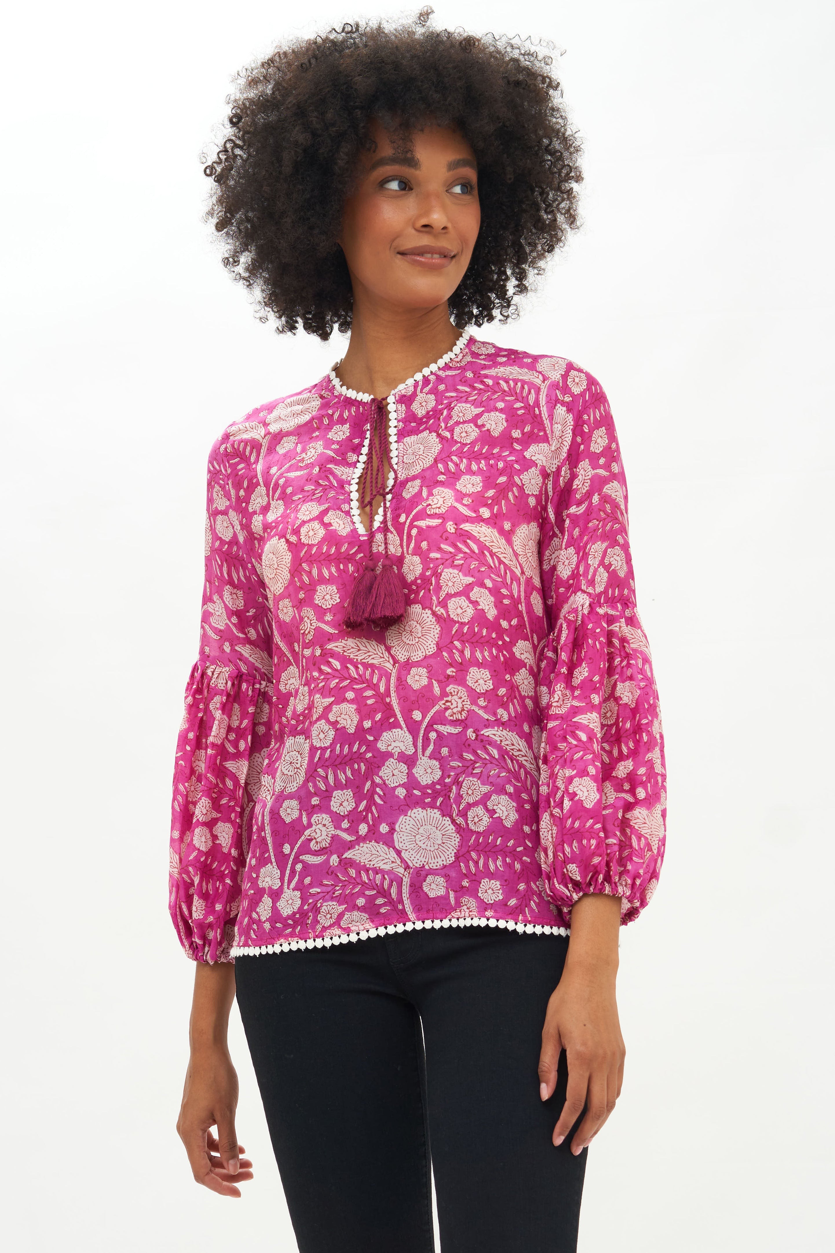 Balloon Sleeve Tie Top- Mulberry Magenta