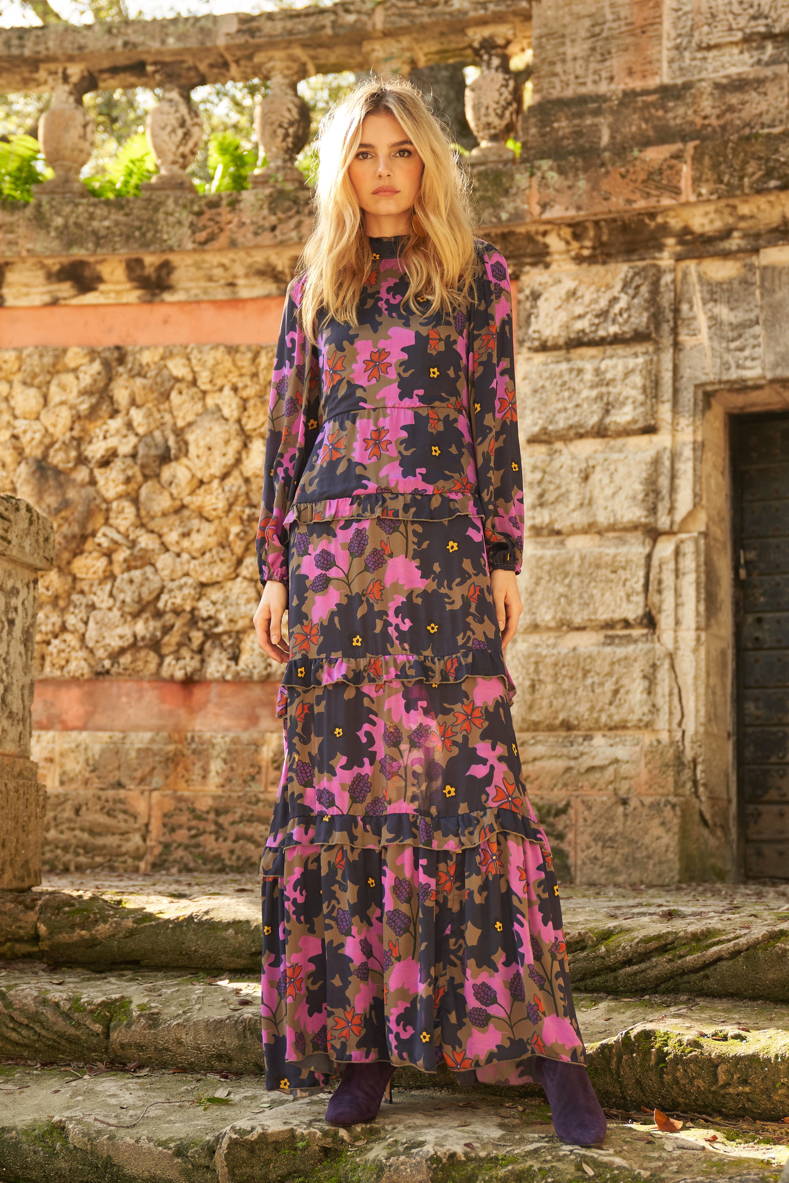 Mock Neck Maxi- Suzani Navy