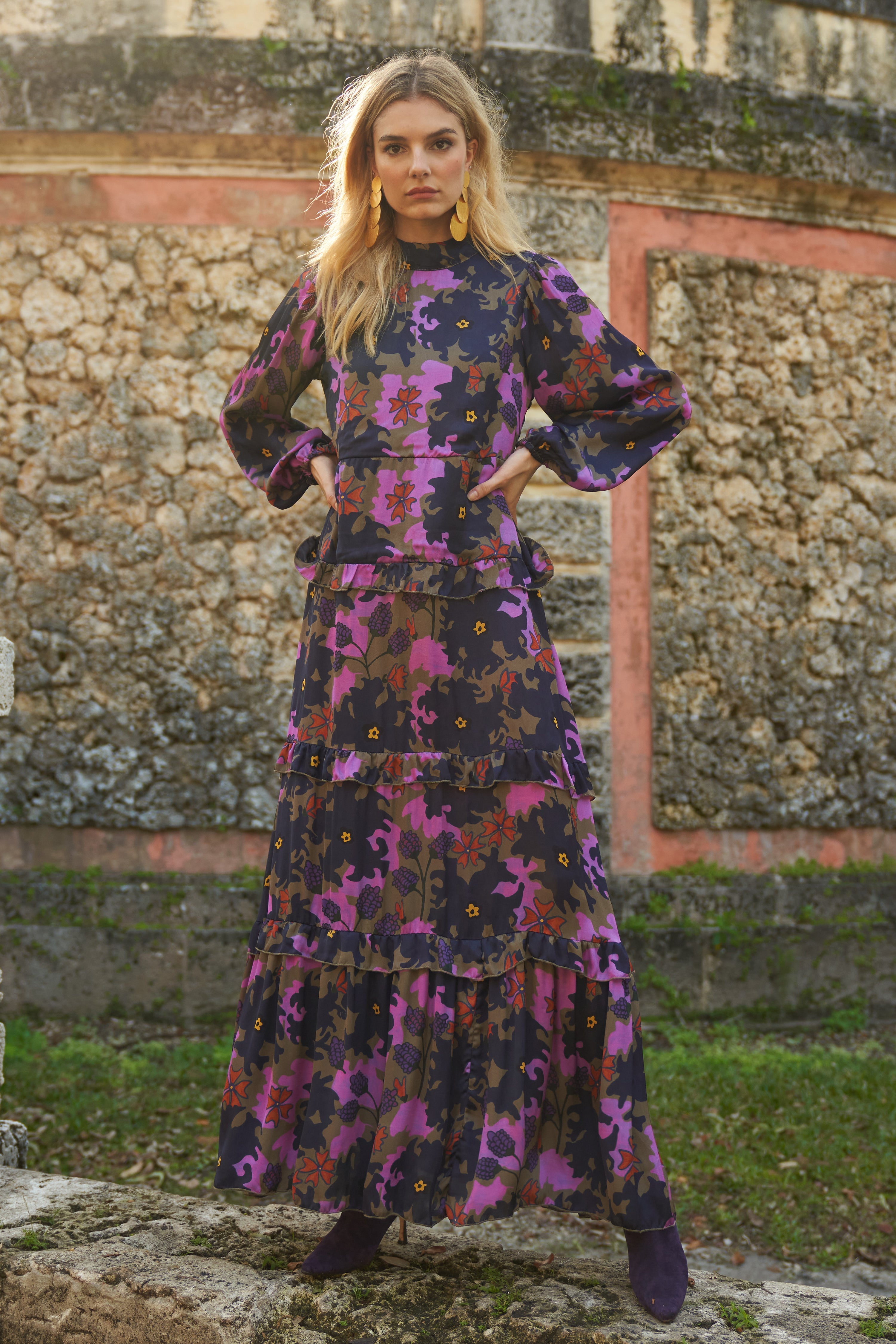Mock Neck Maxi- Suzani Navy
