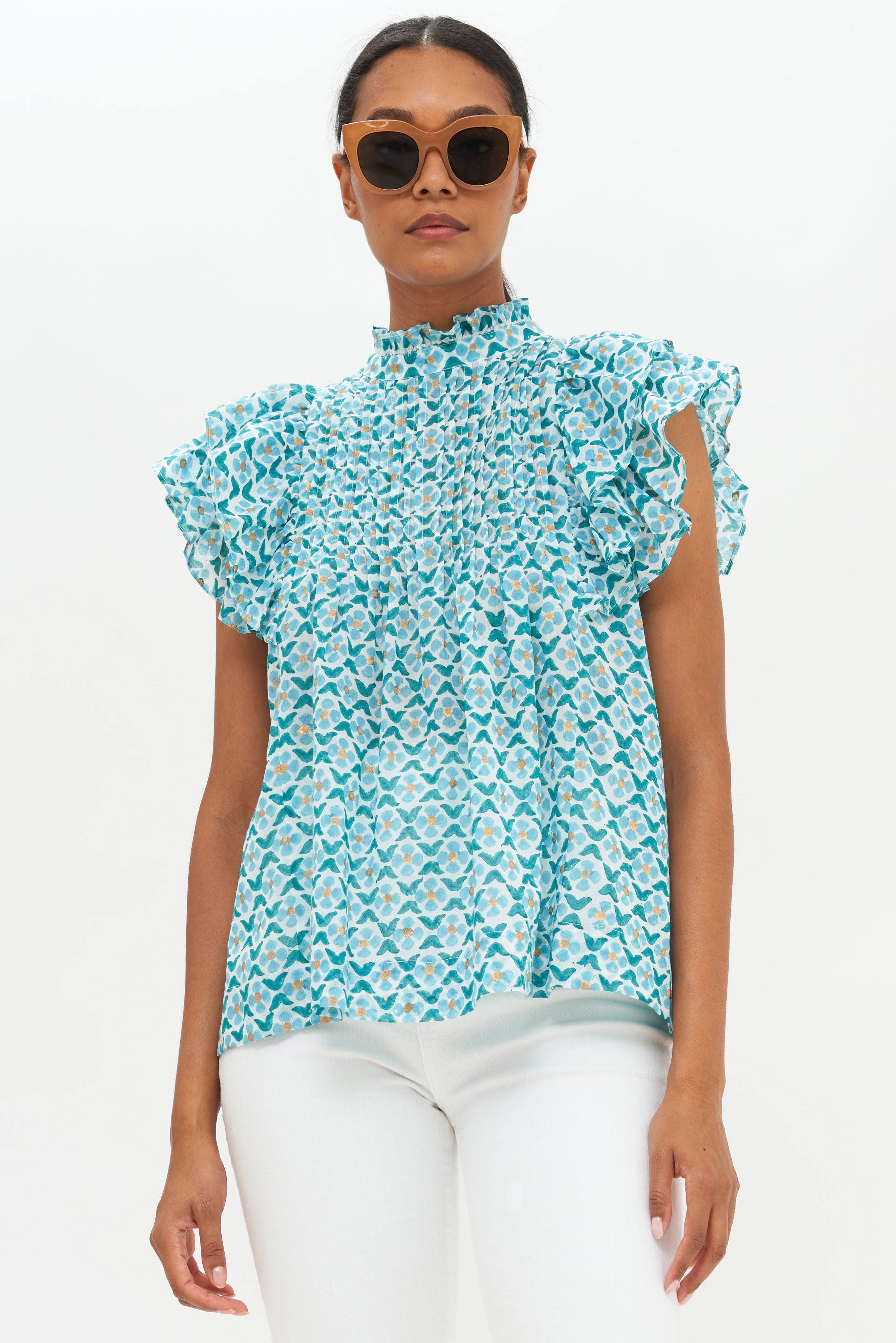 Pintuck Ruffle Top- Veranda Turquoise