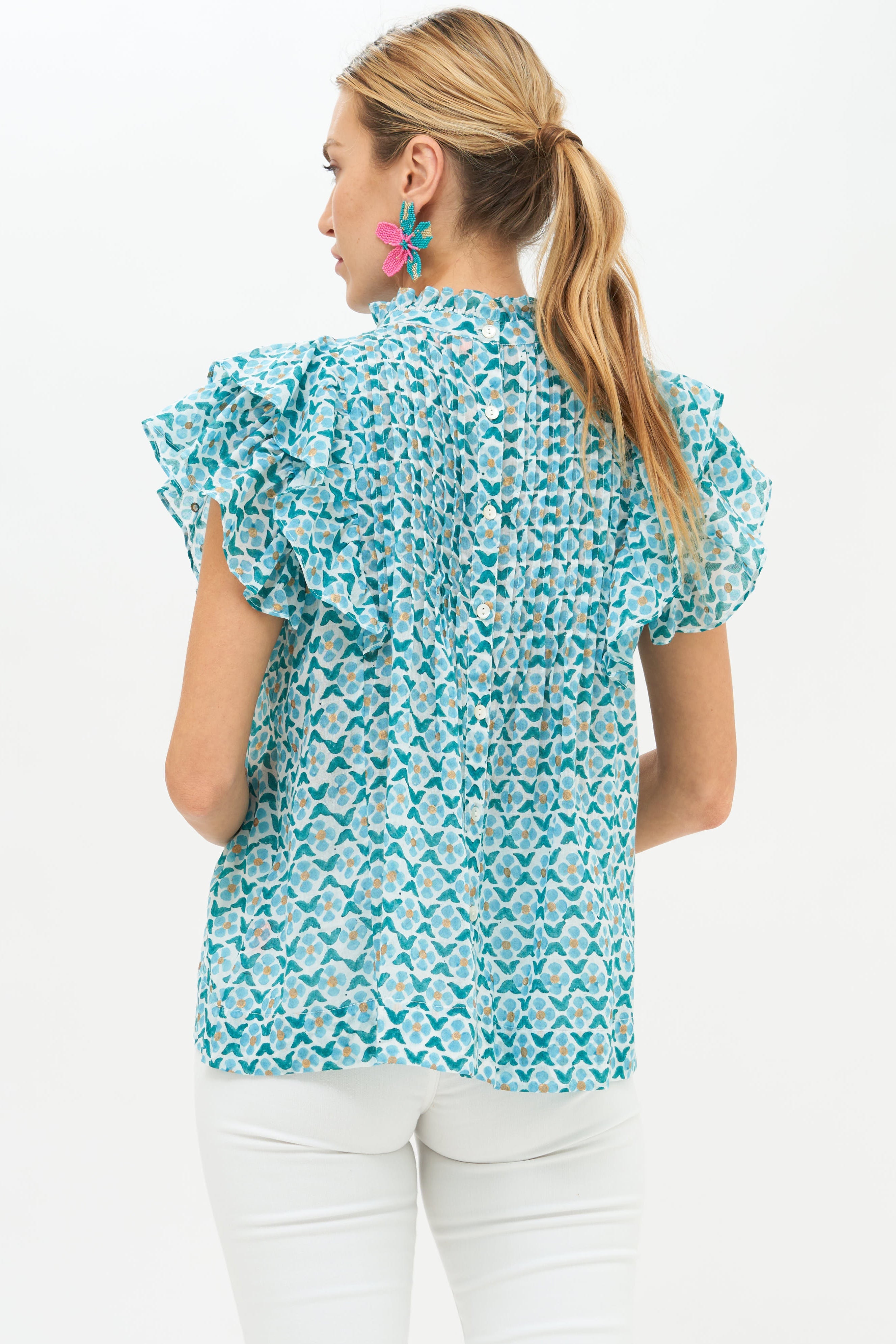 Pintuck Ruffle Top- Veranda Turquoise