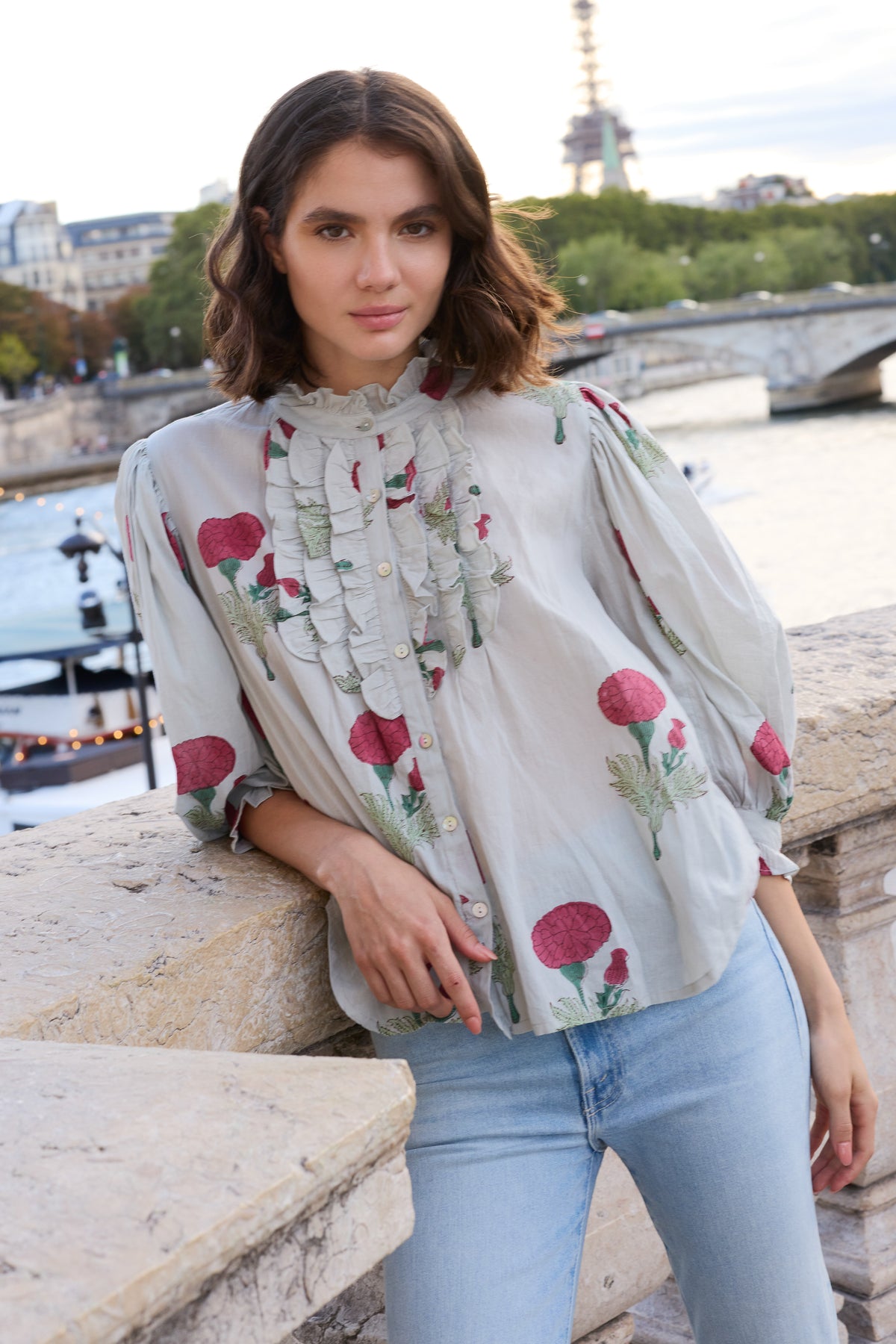 Ruffle Front Button Blouse- Bloom Rhubarb