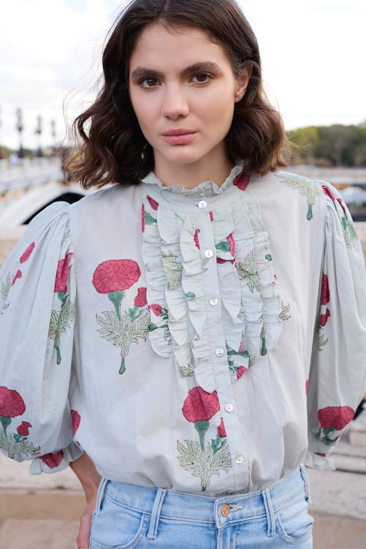 Ruffle Front Button Blouse- Bloom Rhubarb