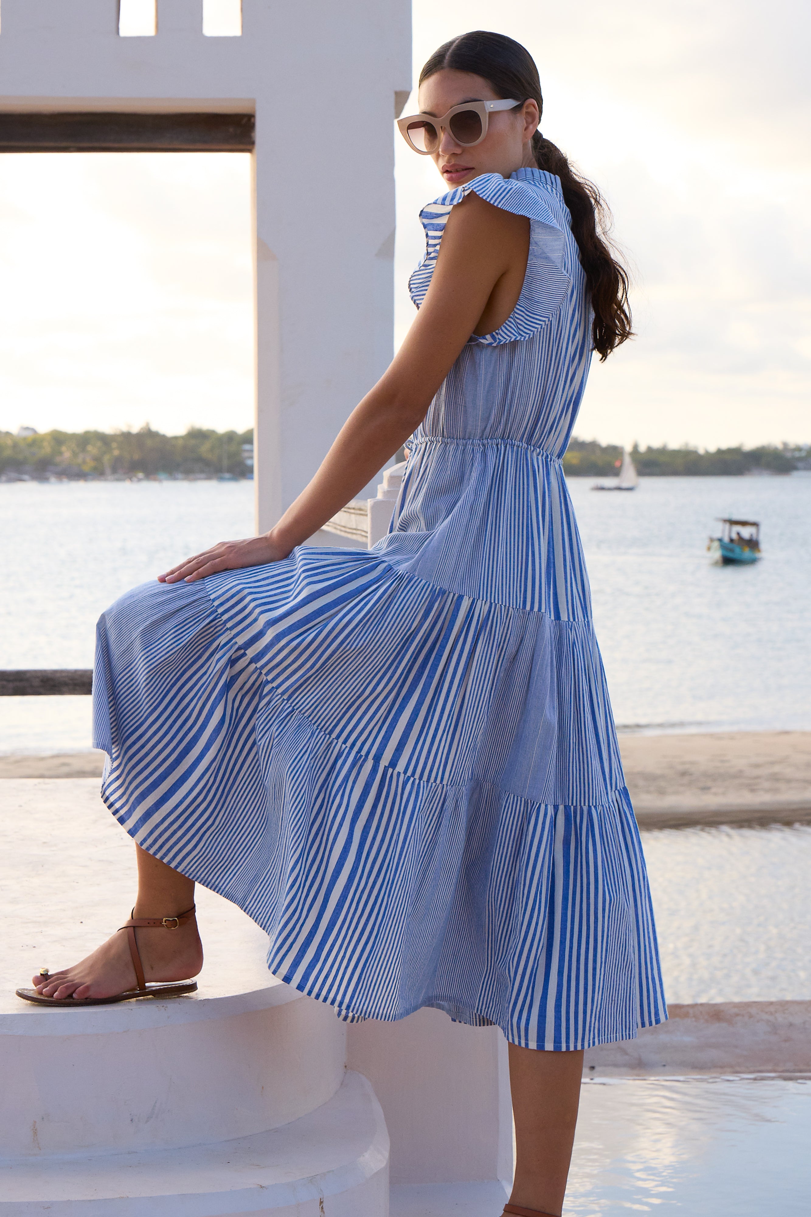 Cinched Flirty Midi- Henley Blue