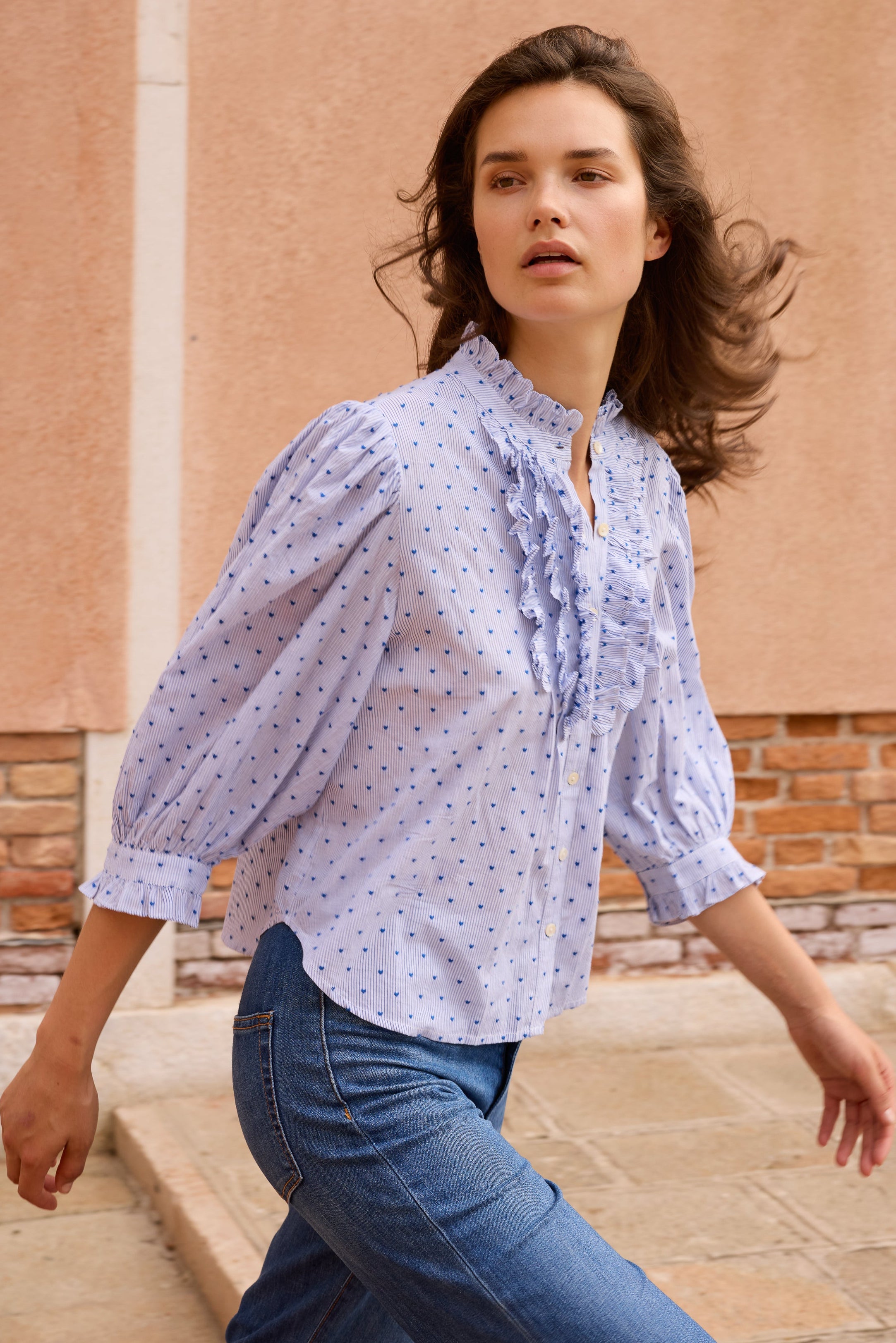 Ruffle Front Button Blouse- Lyon Blue