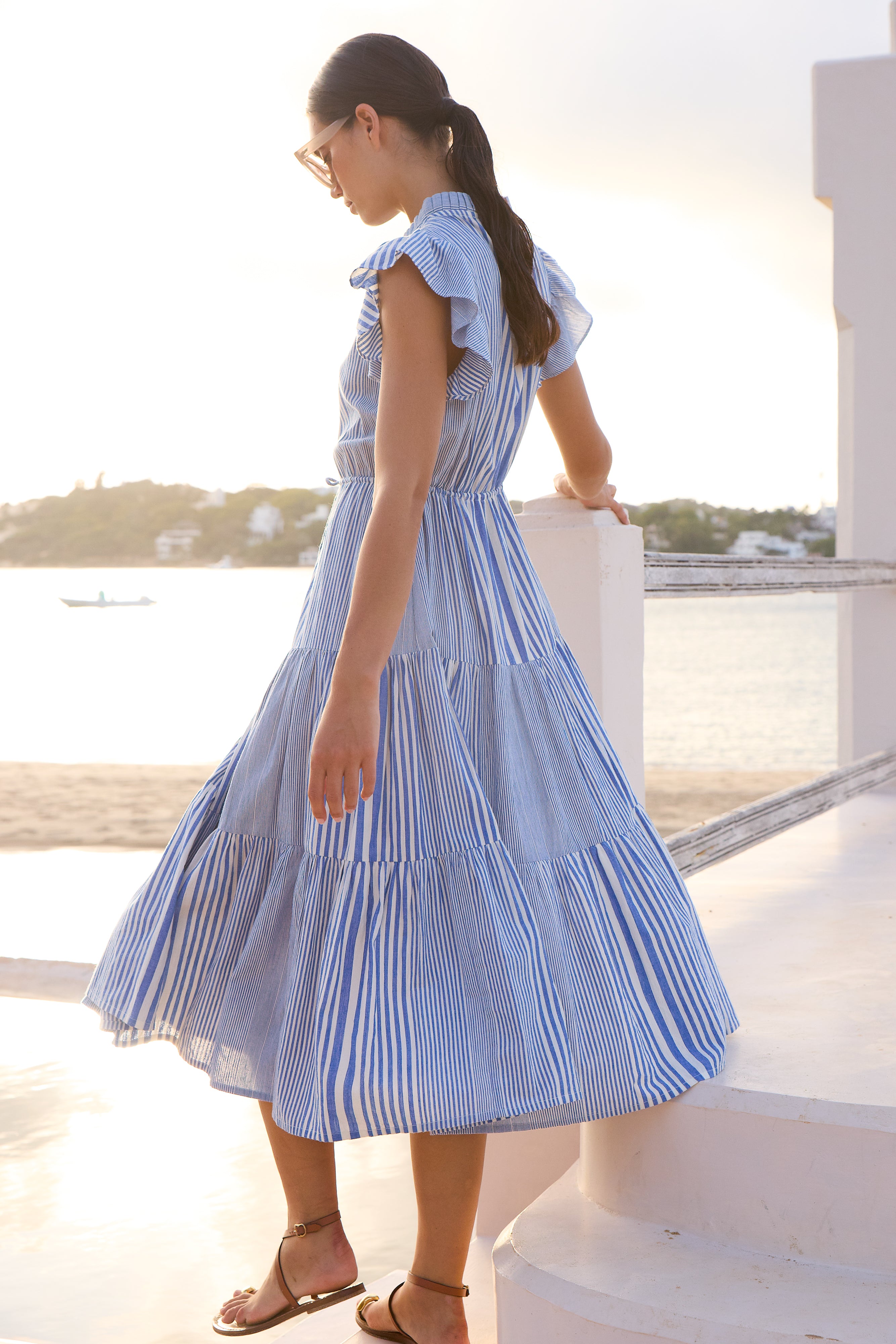 Cinched Flirty Midi- Henley Blue