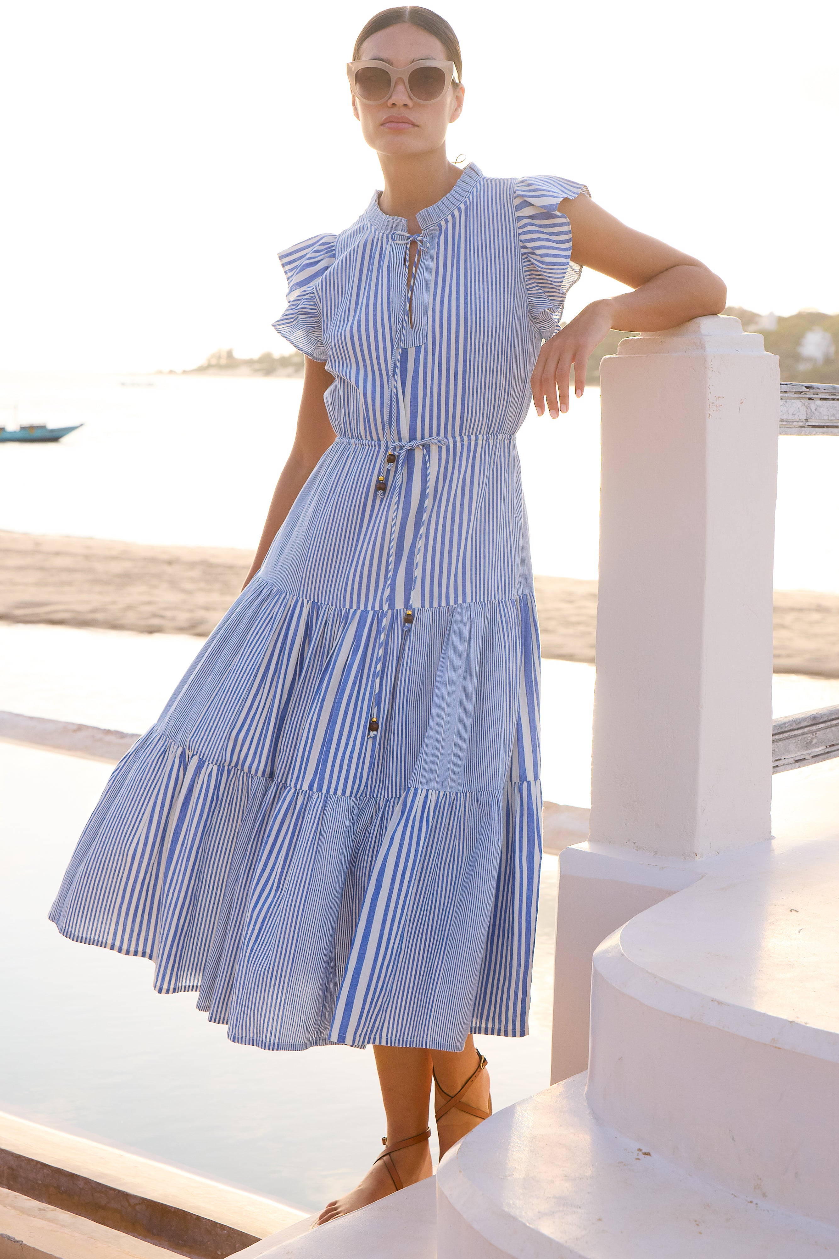 Cinched Flirty Midi- Henley Blue