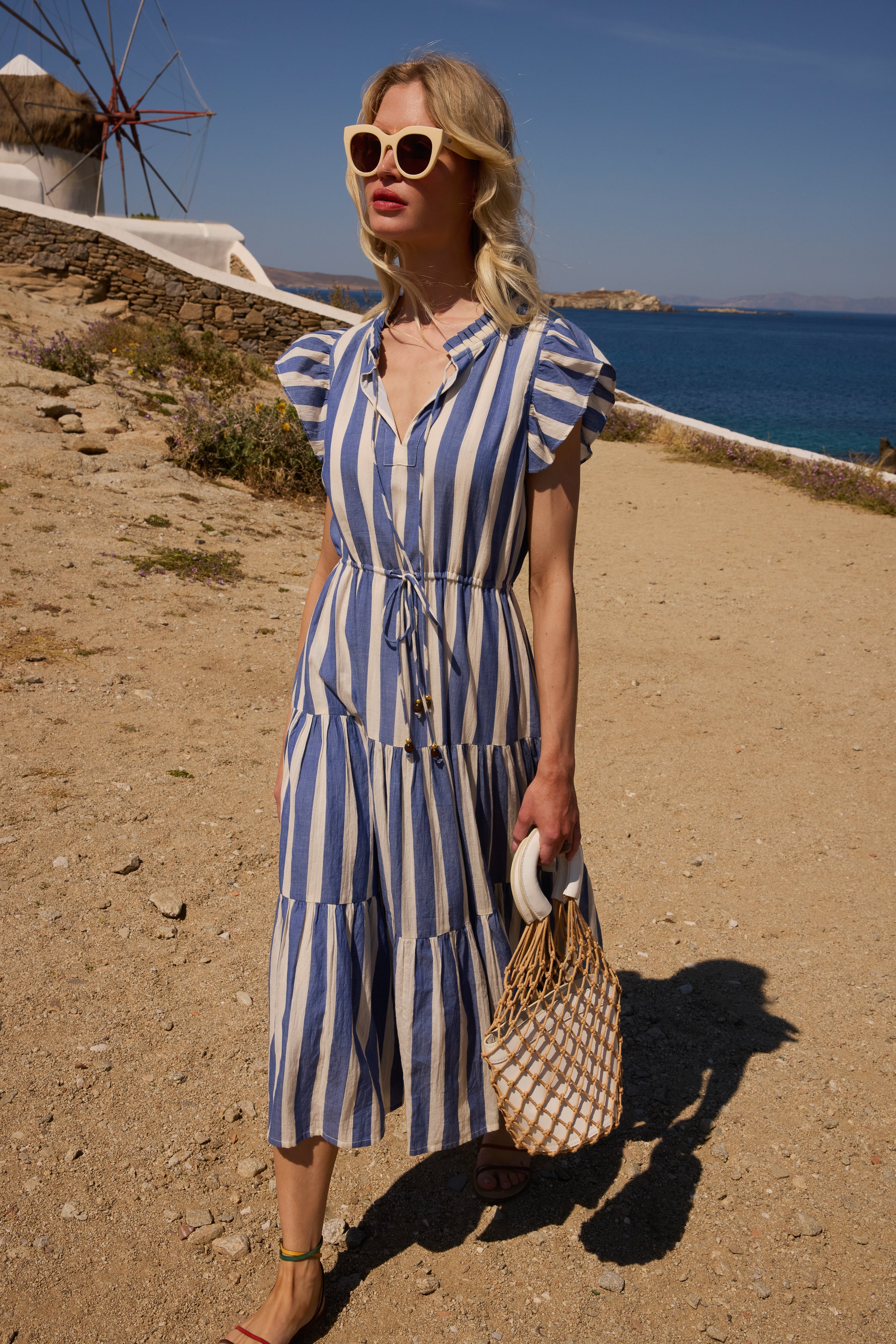 Cinched Flirty Midi- Solana Blue
