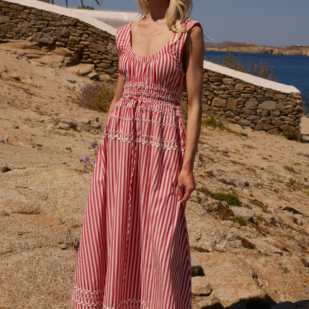 Sleeveless A-Line Maxi Printed Dress, Sconset Red, XS