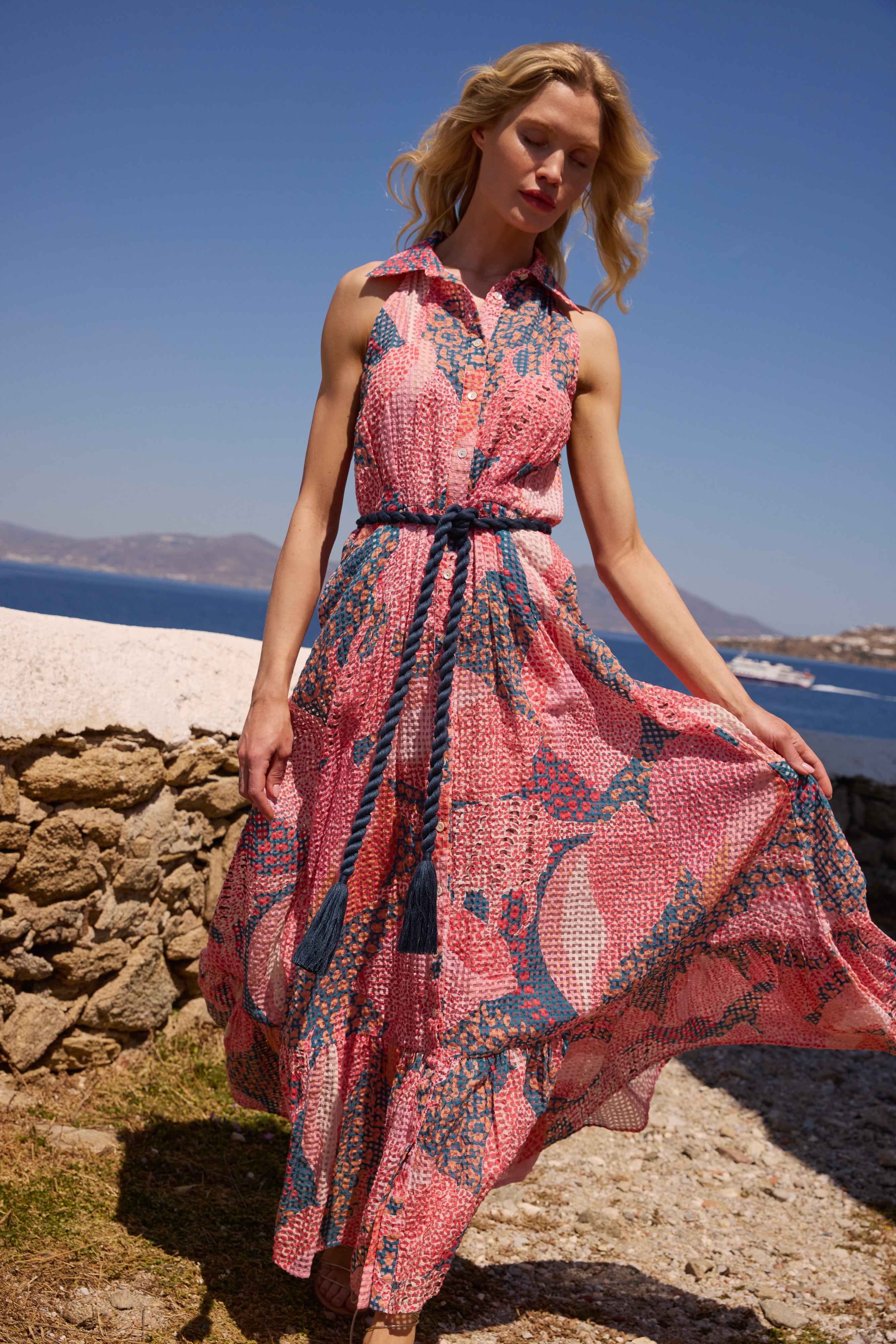 Sleeveless Shirt Dress Maxi- Nautilus Navy