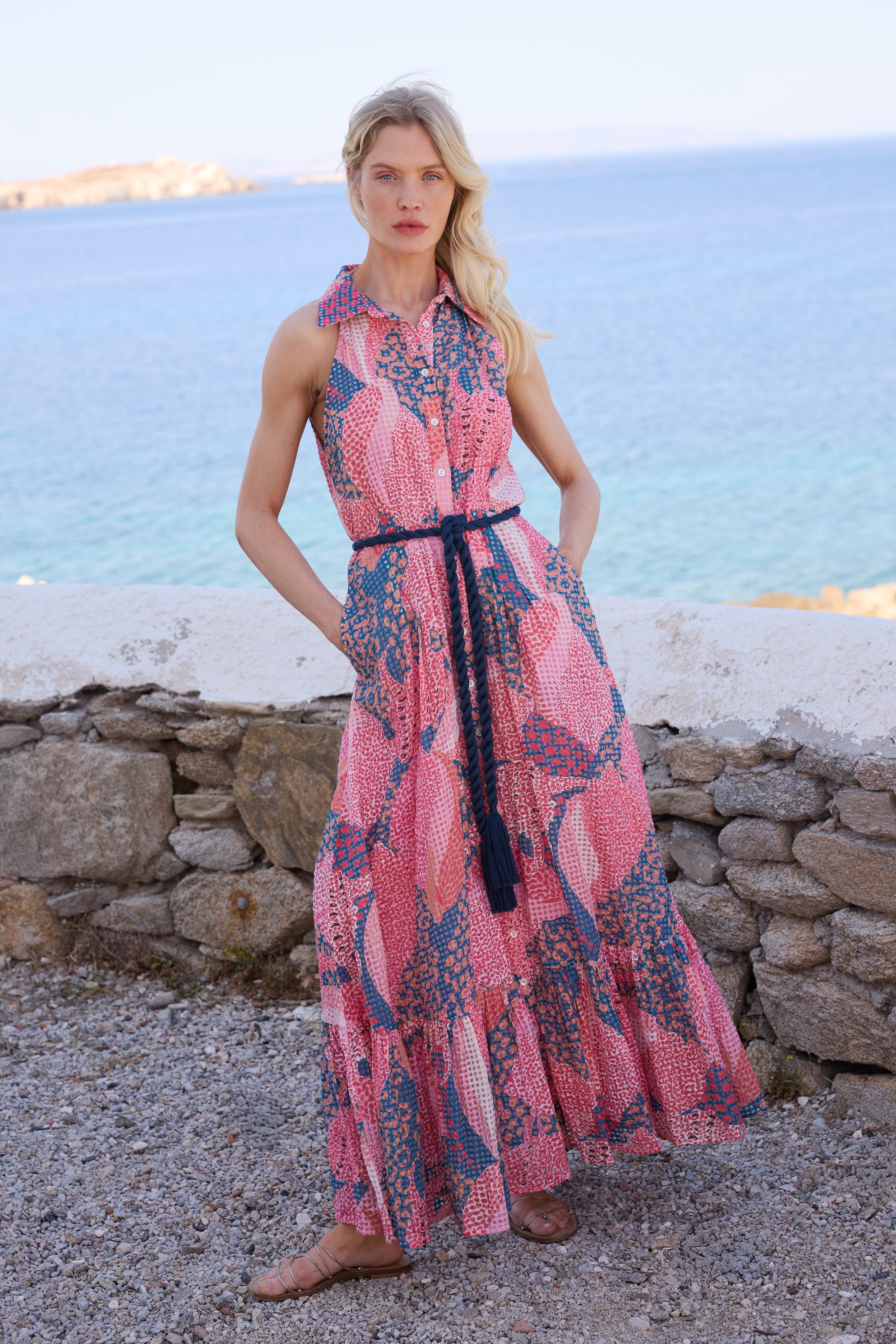 Sleeveless Shirt Dress Maxi- Nautilus Navy