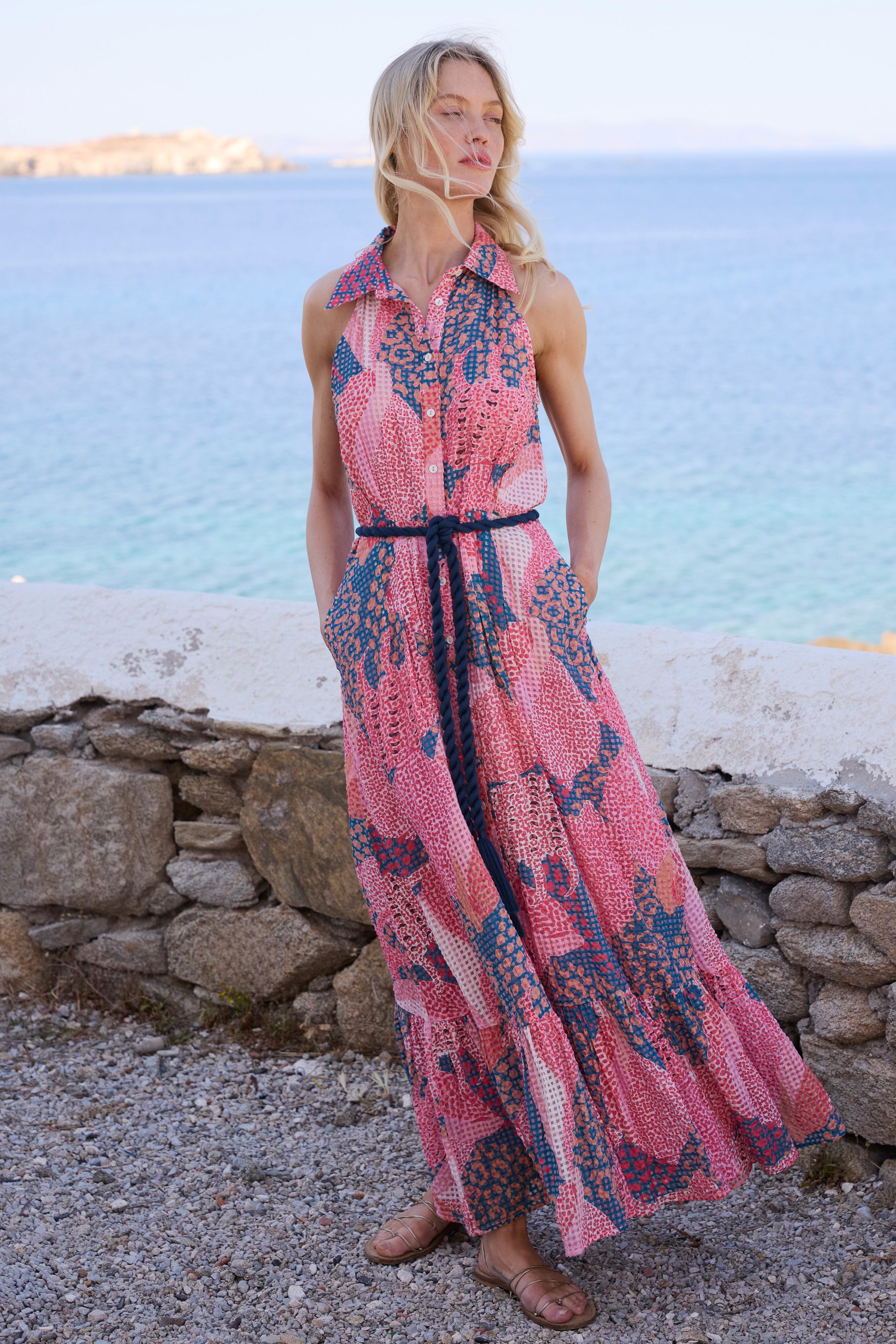 Sleeveless Shirt Dress Maxi- Nautilus Navy