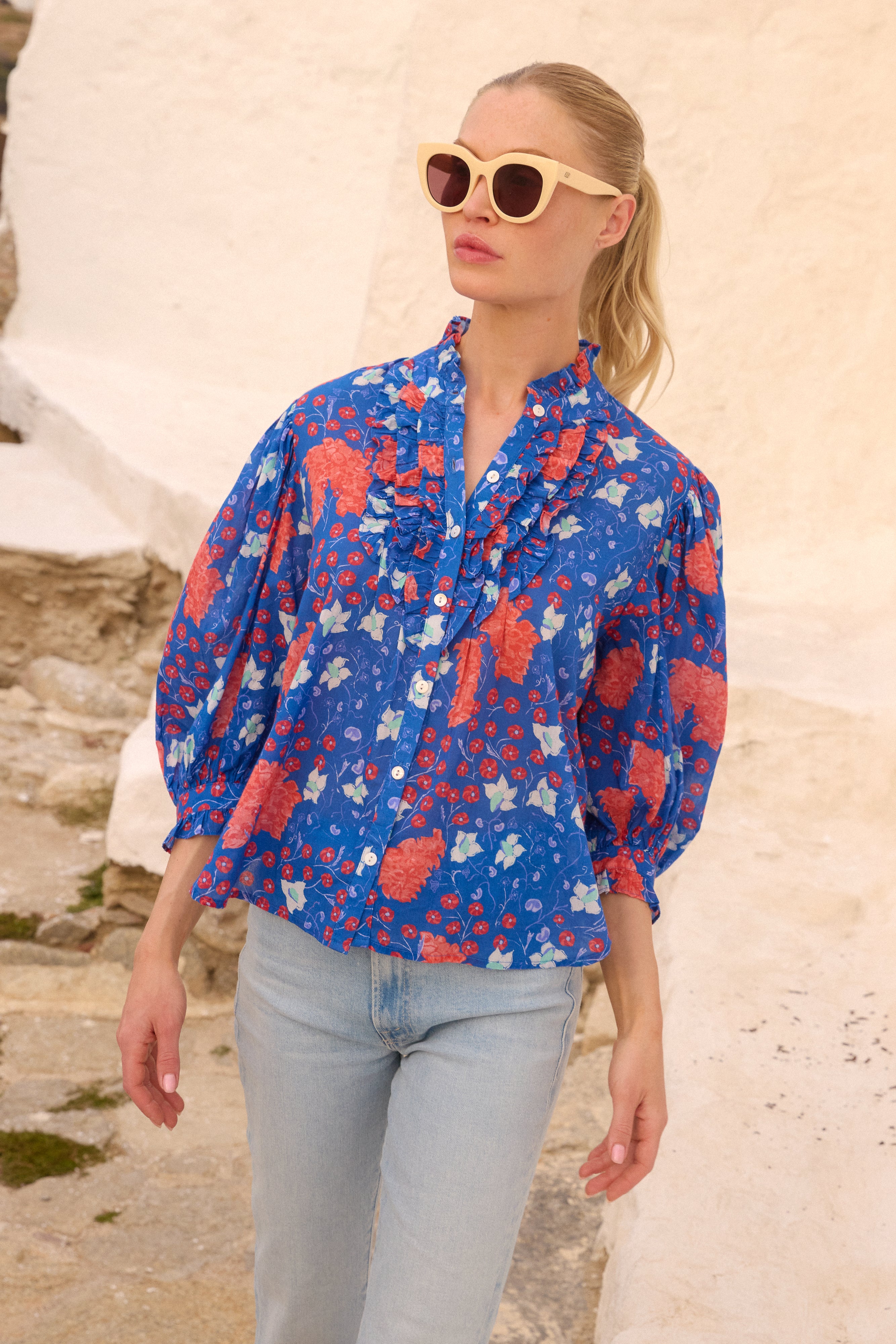 Ruffle Front Button Blouse- Fleur Blue