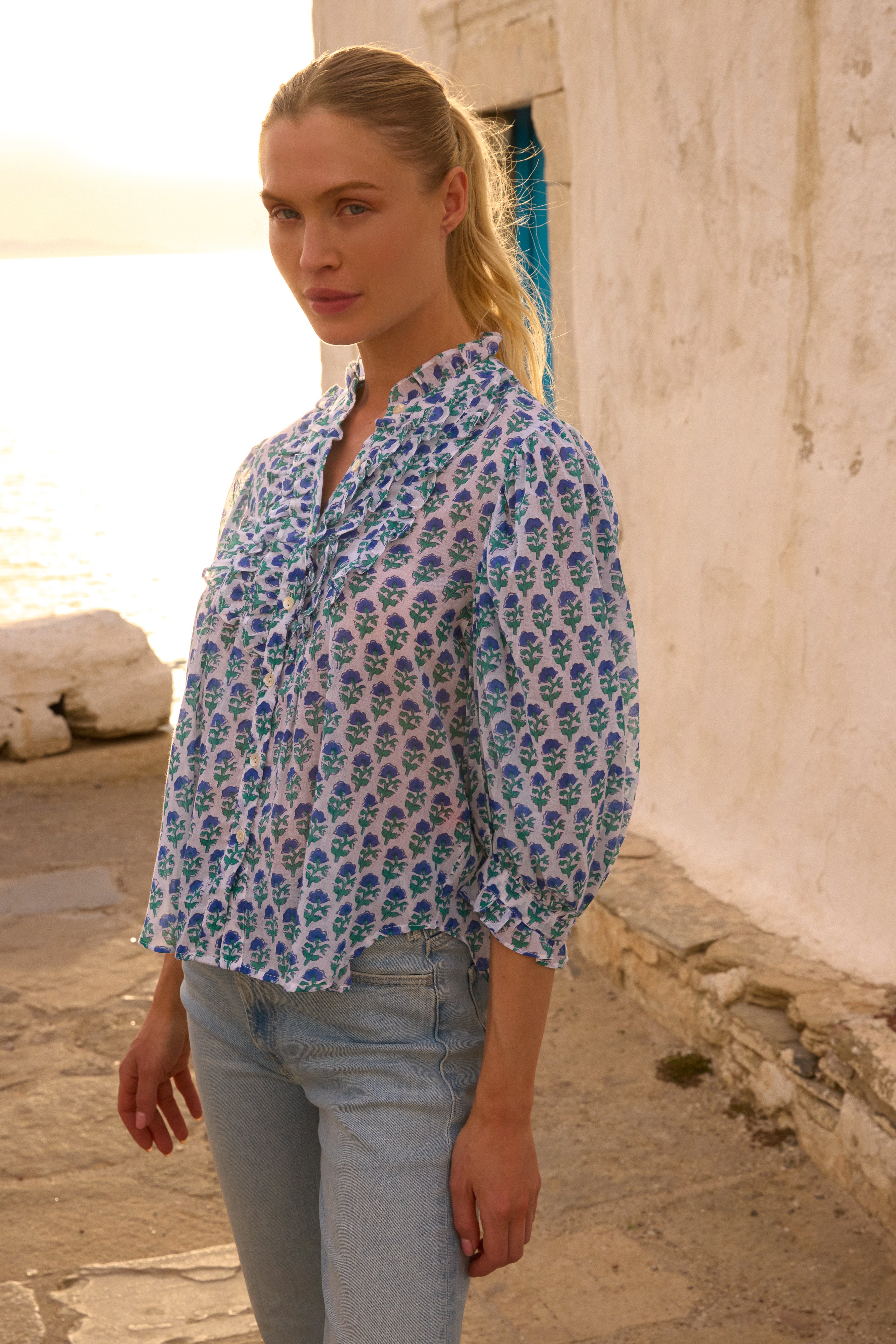Ruffle Front Button Blouse- Boti Blue