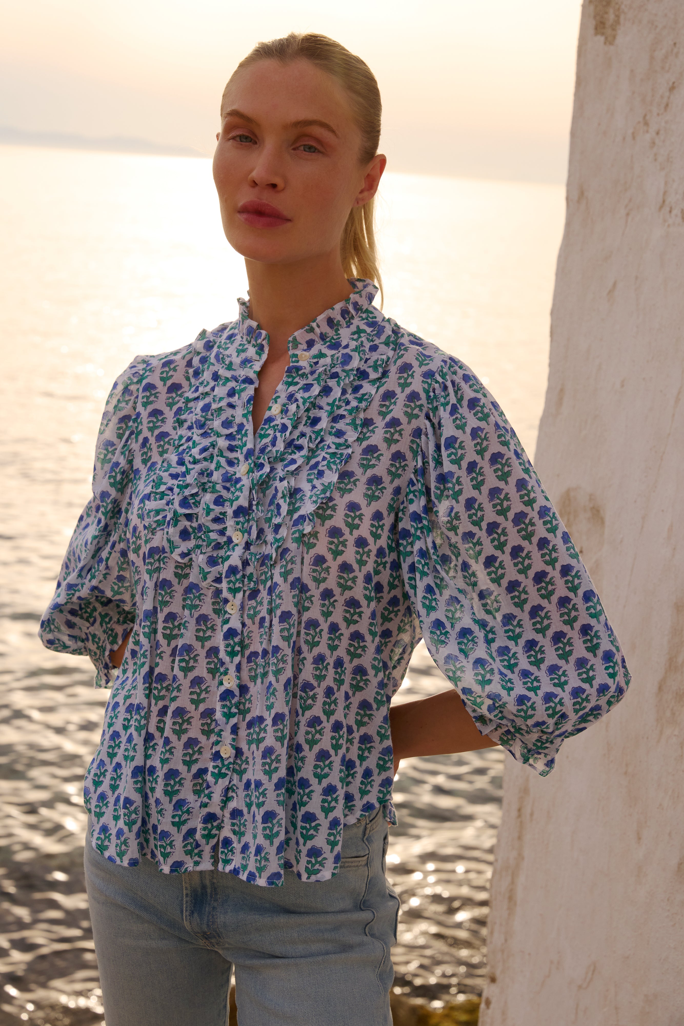 Ruffle Front Button Blouse- Boti Blue
