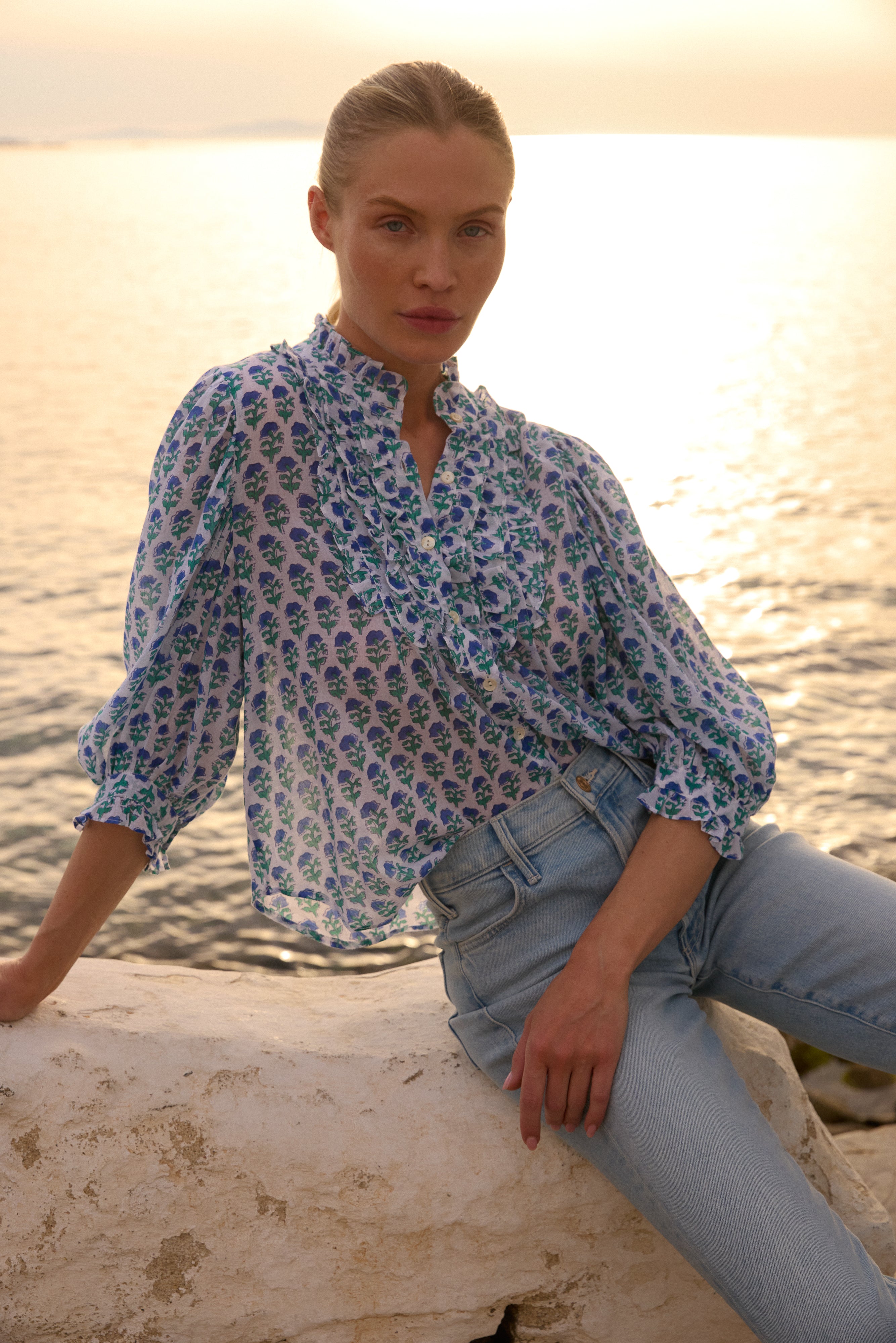 Ruffle Front Button Blouse- Boti Blue